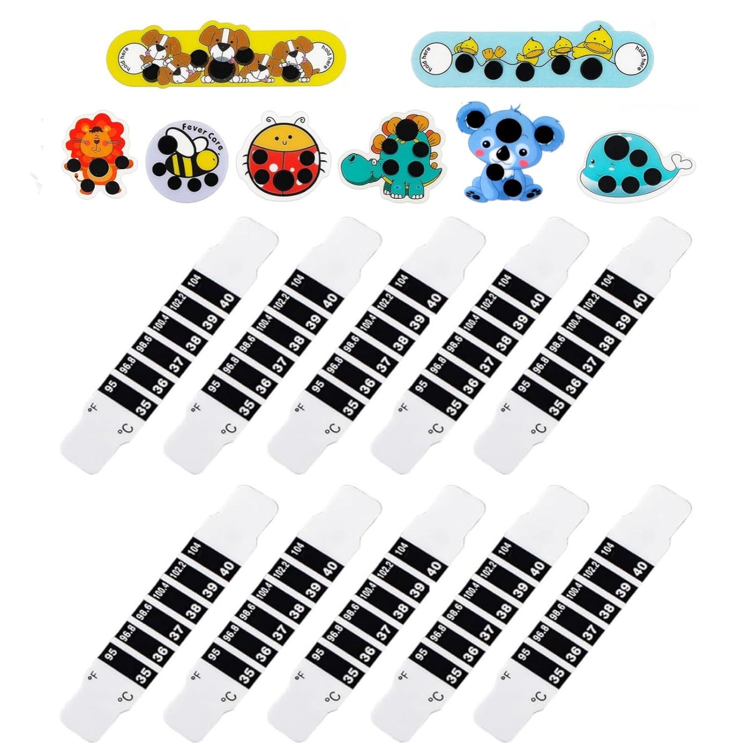 Temperature Strips, 8 Stick-On Fever Indicators Kids Cartoon Stickers Temperature Fever Patches, 10 Quick Check Thermometer Strips, Reusable Portable Forehead Thermometer for Home School Travel
