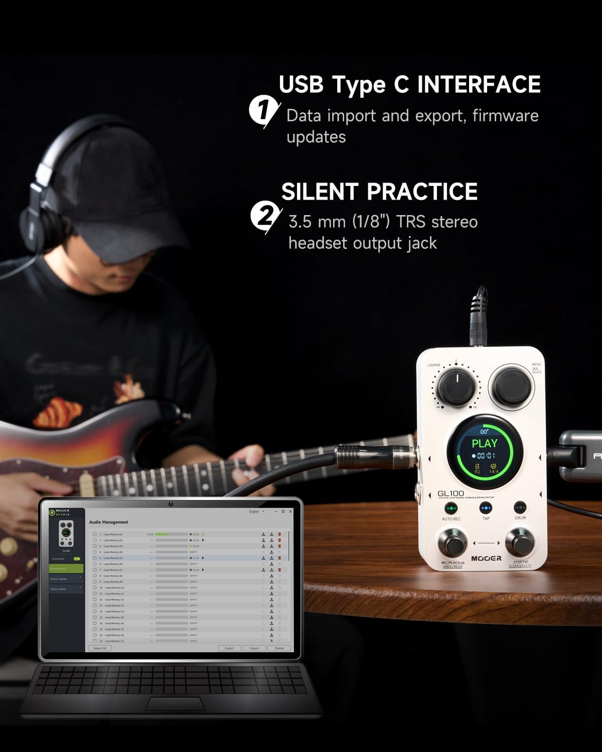 MOOER GL100 Looper Pedal Drum Machine, 2 in 1 Drum Looper Guitar Pedal 1.3-Inch Touchsreen with 300 Min in Total 100 Slots 220 Drum Grooves Auto-Record Time Stretch Function Dedicated Editor Software