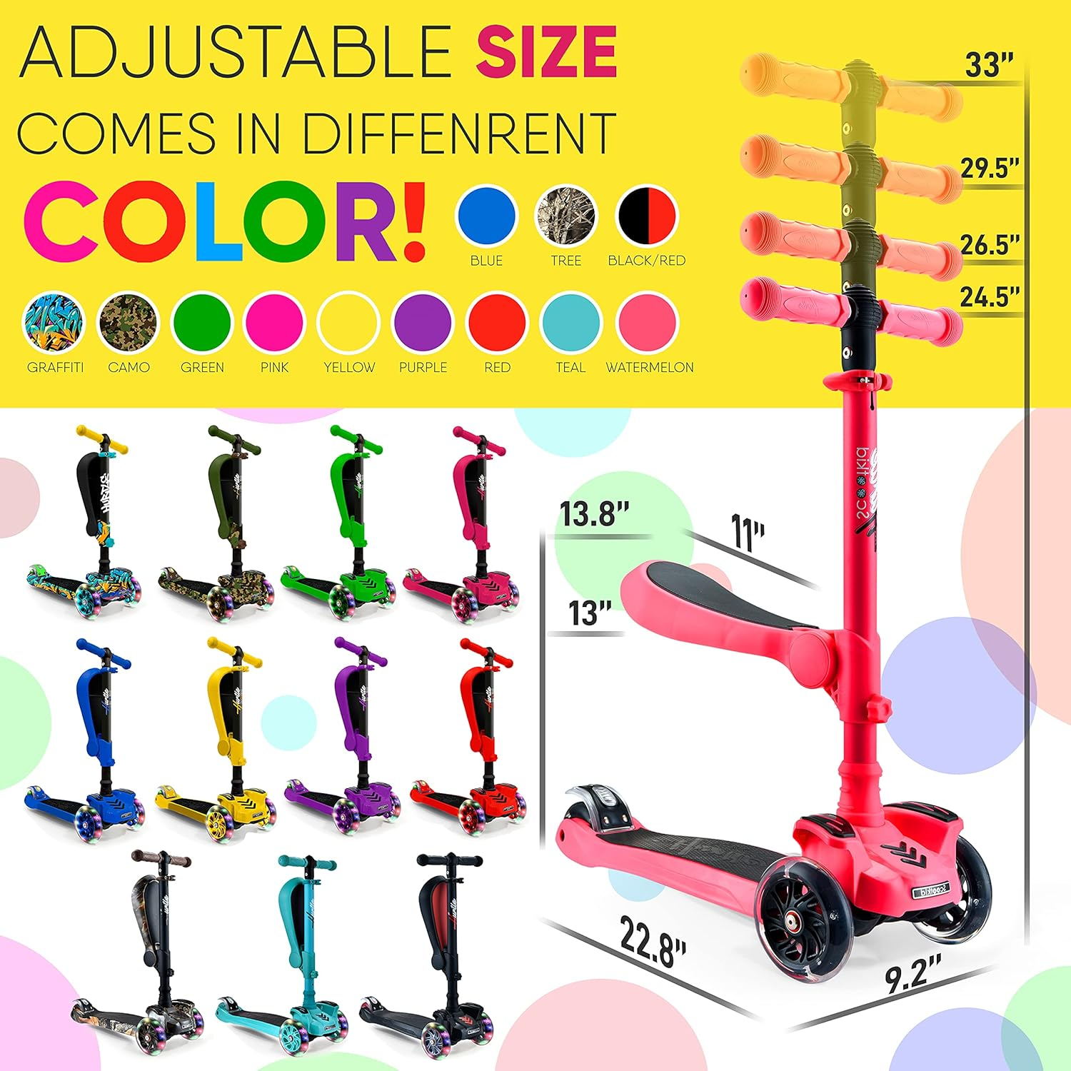 Hurtle 3-Wheeled Scooter for Kids - Wheel LED Lights, Adjustable Lean-To-Steer Handlebar, and Foldable Seat - Sit or Stand Ride with Brake for Boys and Girls Ages 1-14 Years Old - Camouflage image number 7