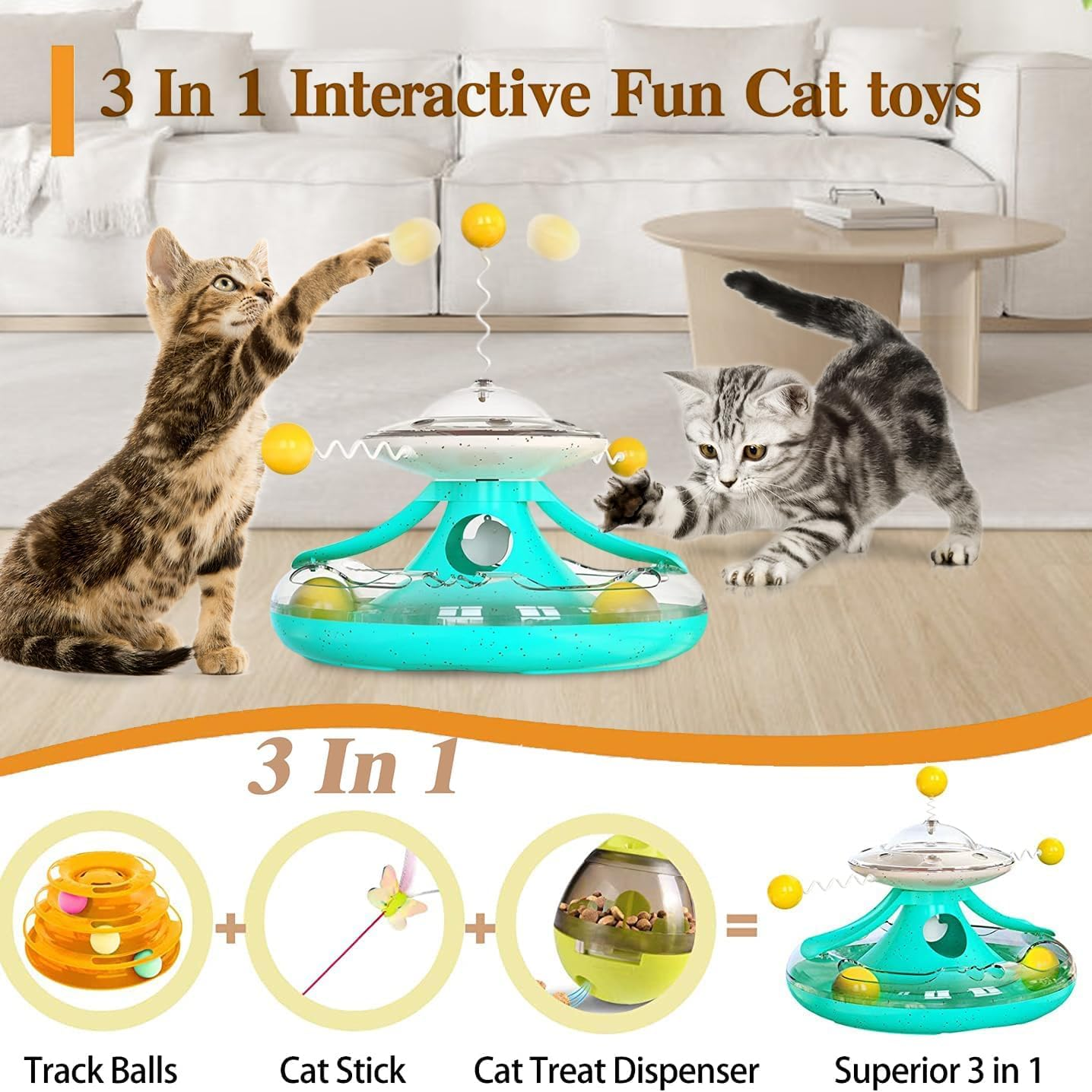 Interactive Cat Ball Toy with Turntable Tracks for Indoor Cat Treat Dispenser Toy Kitty Teaser Stick Ball Cat Food Dispenser Pet Exercise Toys Kitten Puzzle Toy Gifts for Cat Lovers image number 3