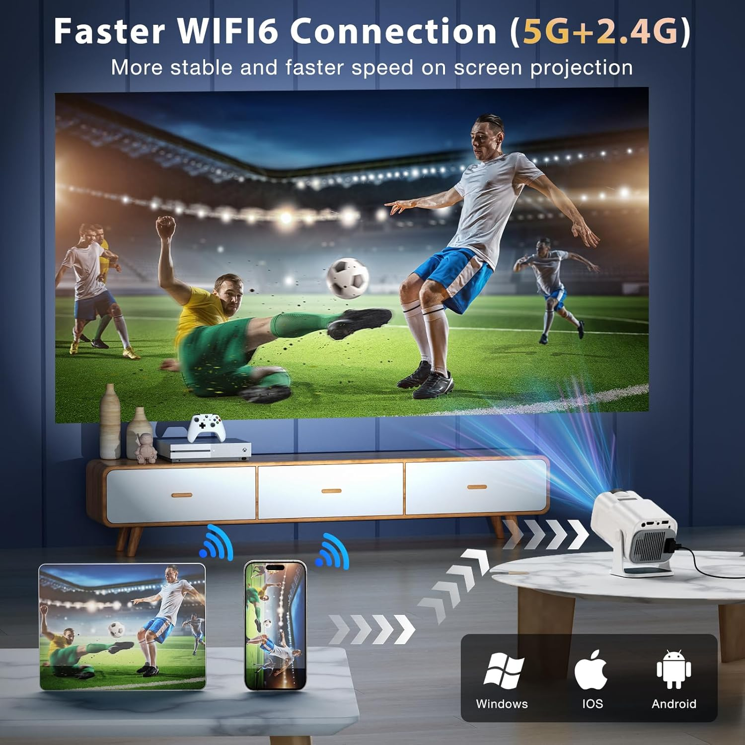 Mini Projector, Portable Projector Auto Keystone, Native 4K 1080P Smart Projector with Wifi 6, Bluetooth 5.0, Built-In Android 11.0, 10000 Lumens, Screen Adjustment, 180 Degree Rotation, White image number 2