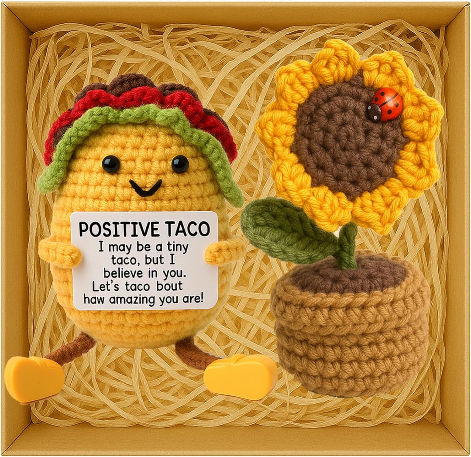Positive Crochet Taco Handmade Cute Gifts, 2PCS Emotional Support Crochet Home Decorative Accessories, Funny Gifts for Women, Best Friend. (Taco Sunflower Set)