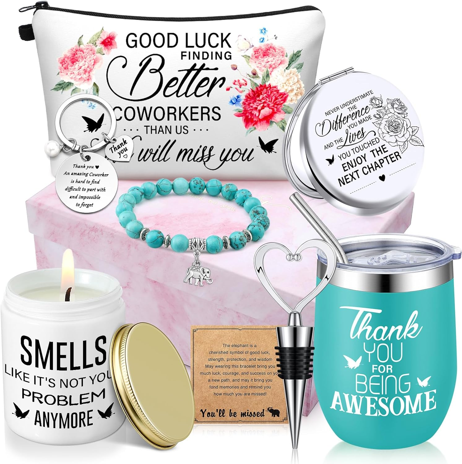 Perthlin 11 Pcs Thank You Gifts Sets for Women 12 Oz Tumbler Cosmetic Bags Candle Bracelet Keychain Card Appreciation Gift for Employee Teachers, Nurses, Coworkers, Boss, Leadership, Friends(Purple)