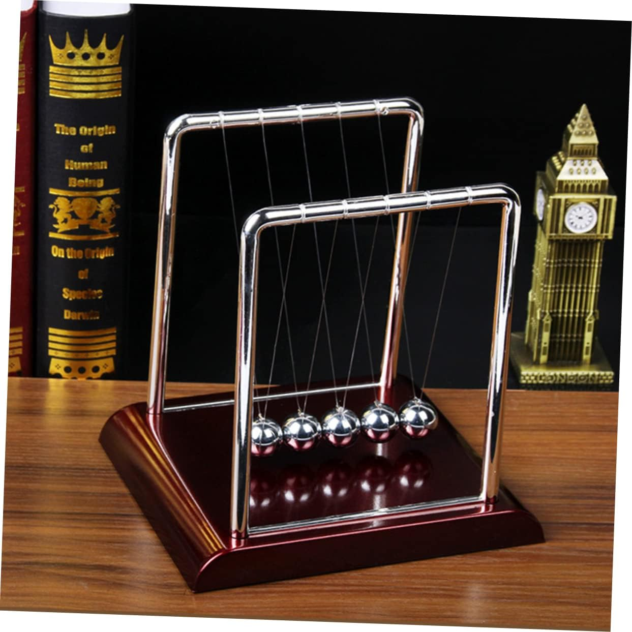 Ibasenice Pendulum Swinging Decorations - Metal Pendulum Swinging Balance Balls Newtons Cradle Balance Balls with Red Base Office Set Desk Accessories image number 1