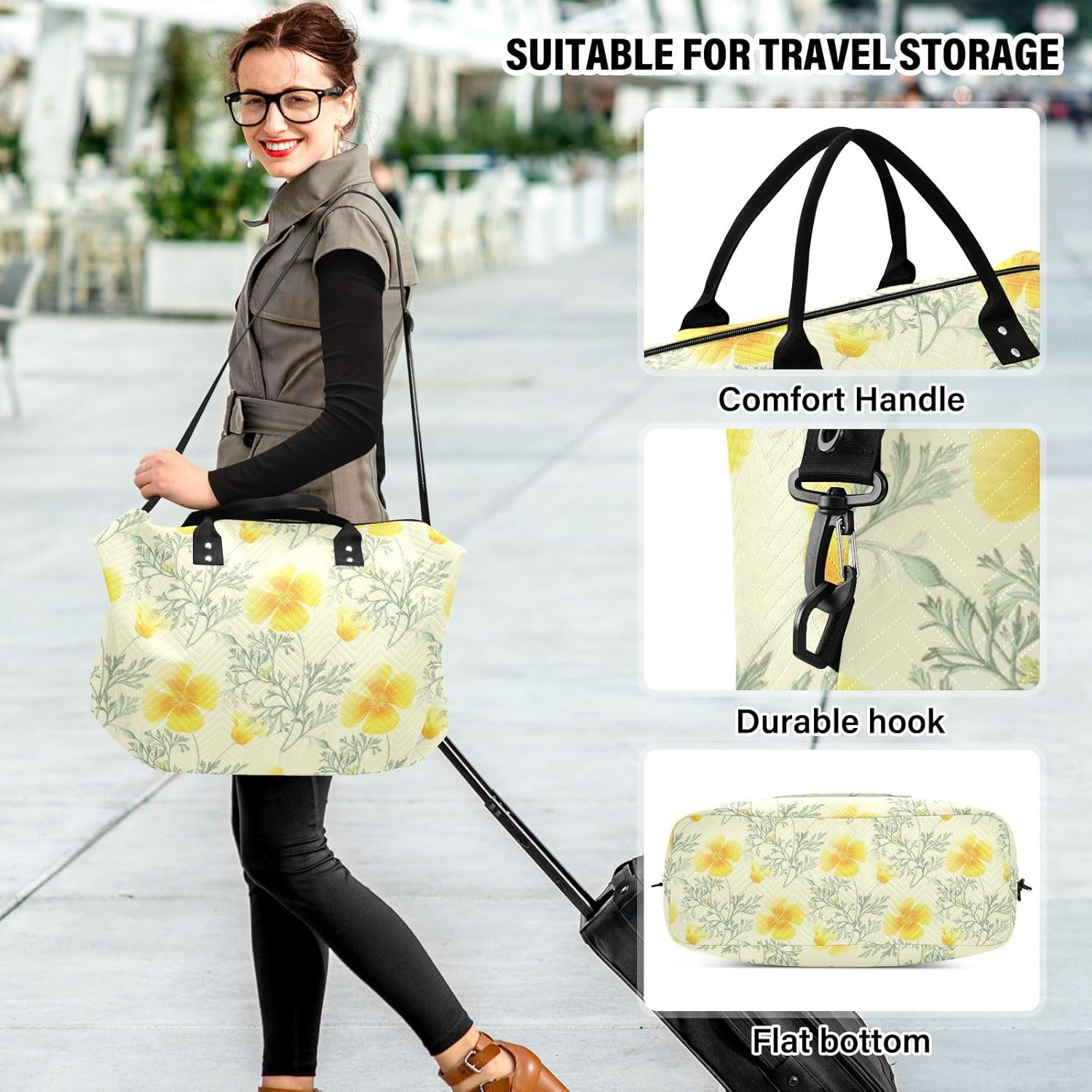 Large Travel Bag Weekender/Overnight Duffel Floral Flowers Yellow Gym Carry on Duffel Bags with Toiletry Bag, Deorative Floral, Set of 2, Art Deco image number 4