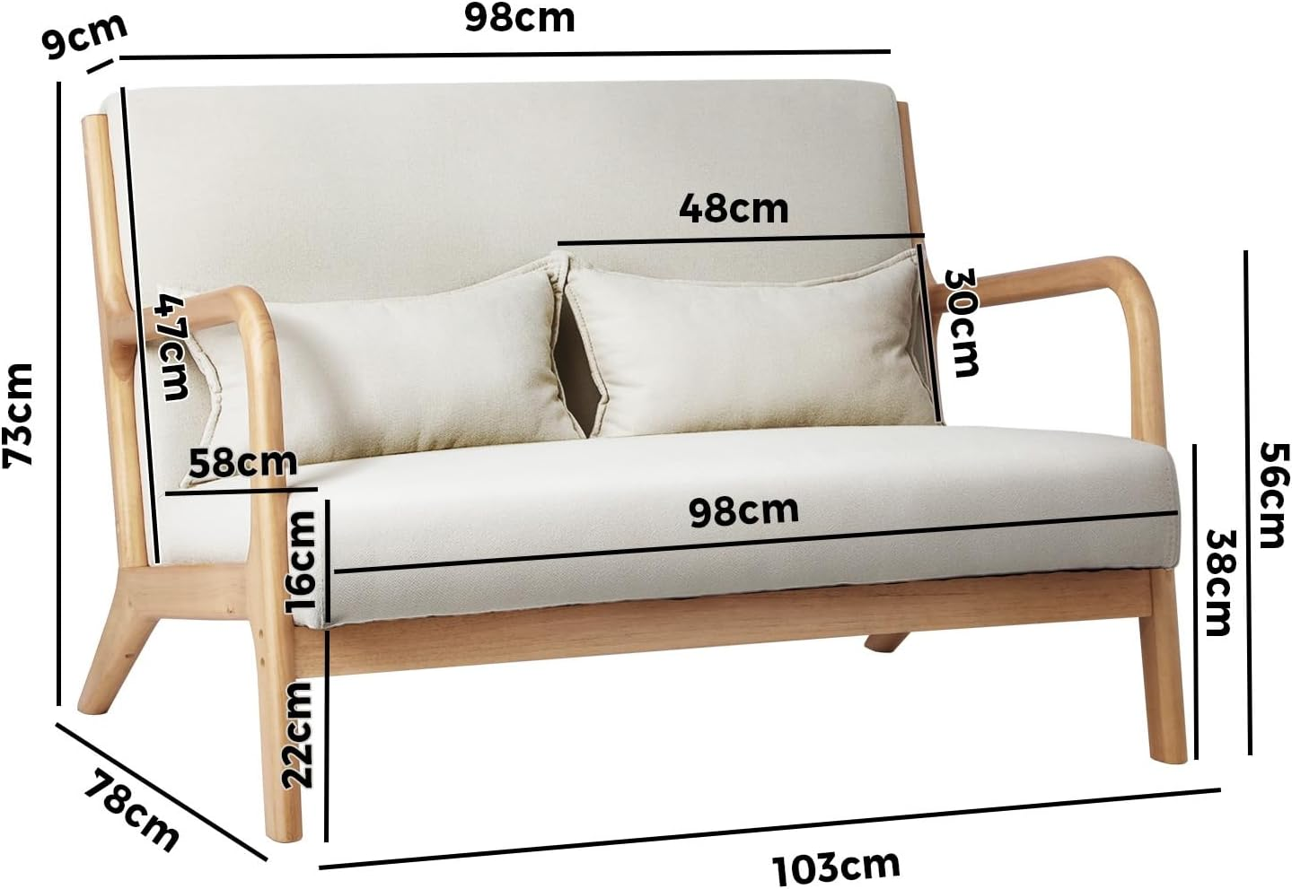 Oikiture Armchair with 2 Seater, Wooden Frame Lounge Chair with Pillow and Cushion Beige image number 4