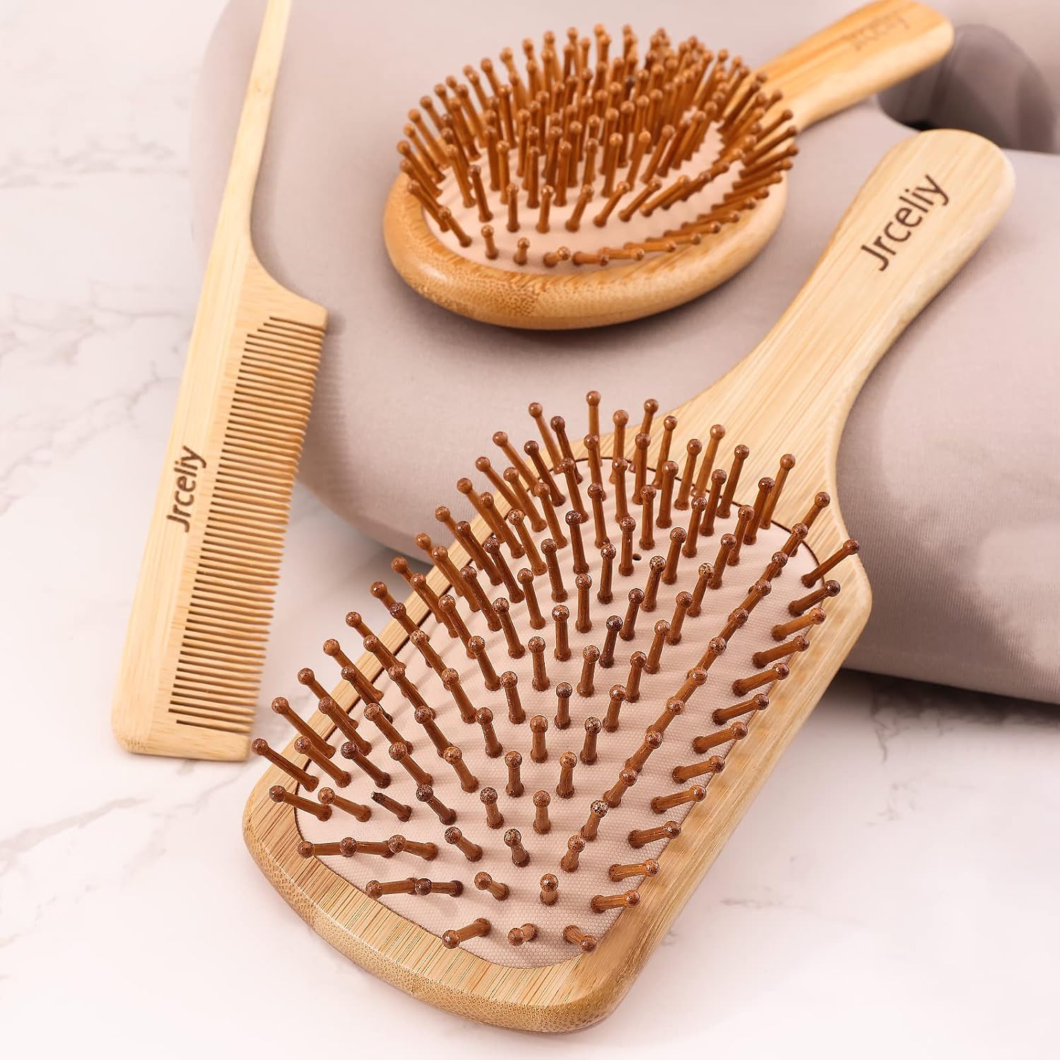 3PCS Bamboo Hair Brush Set,Natural Wooden Brush for Women, Madam, Paddle Detangling Brush for Dry/Curly/Thick/Thin/Straight Hair image number 4