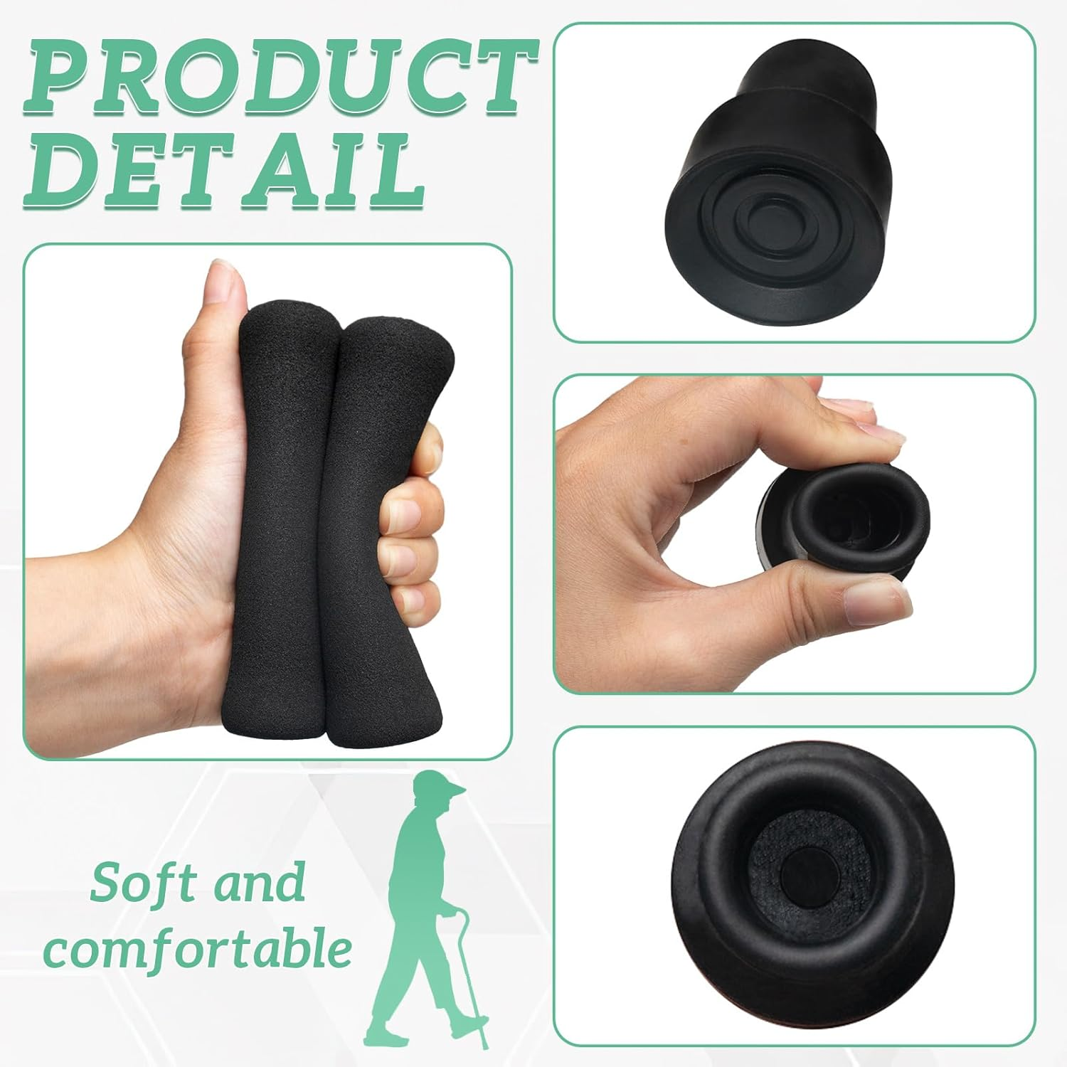 4 Pcs Replacement Cane Tips for 0.7 Inch Walker Rubber Tips Replacement 2 Pcs Foam Handle Grips 4.3X0.8 Inches Replacement Cane Tips Set for Canes, Walker Accessories image number 4