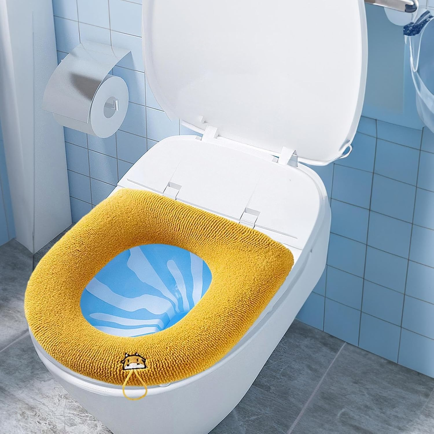 Toilet Seat Covers for Warmth | Bathroom Soft Thicker Warmer with Lifter,Stretchable Washable Fabric, Easy Installation Soft Warmer Cushion for Use Pochy - Green Toilet Seat With Handle image number 7