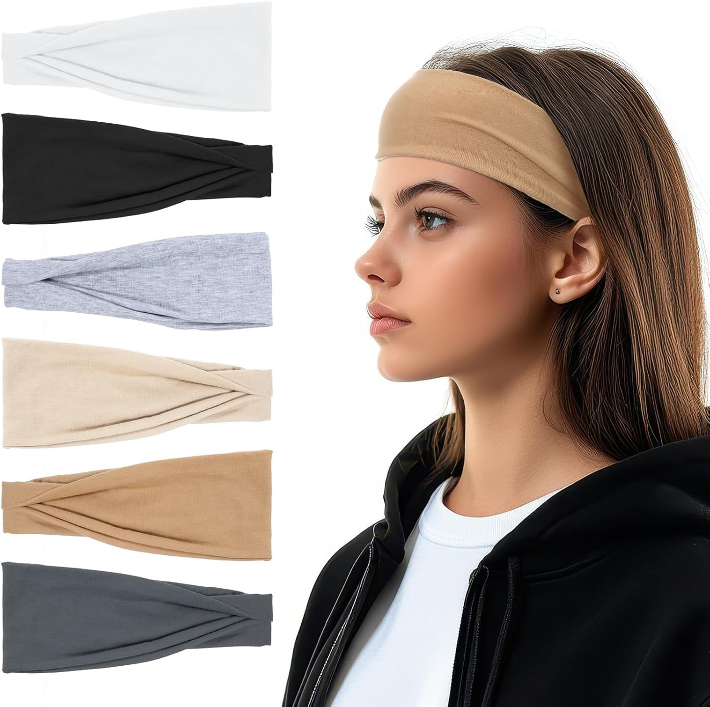 6 Pack Thick Sweat Workout Headbands for Women, Non Slip, Premium Stretchy Wide Head Bands Hair Accessories,Wear for Yoga, Fashion, Working Out, Travel or Running Neutral image number 2