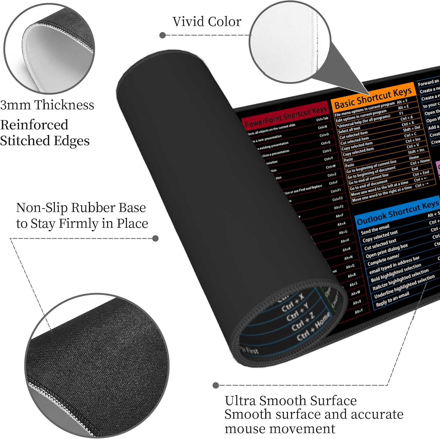 Computer Office Power Point Excel Word Outlook Command Prompt Shortcut Keys Shortcuts Gaming Keyboard Mouse Pad Mousepad Desk Mat Huge Extended XL Rubber Sole for Home Office(31.5"X 11.8") - Black image number 6