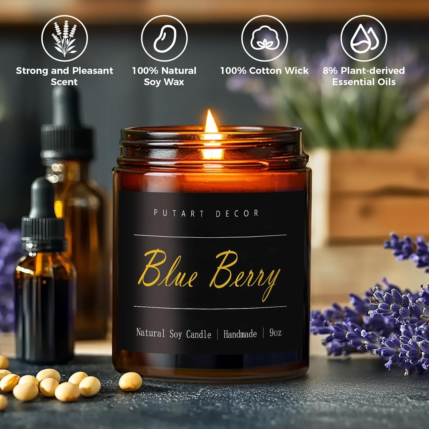 Blue Berry Candles for Home Scented, Natural Soy Aromatherapy Non Toxic Candles with Long Lasting Fragrance & Clean Burn, Luxury Jar Candle for Women, Men, Home Decoration 9Oz
