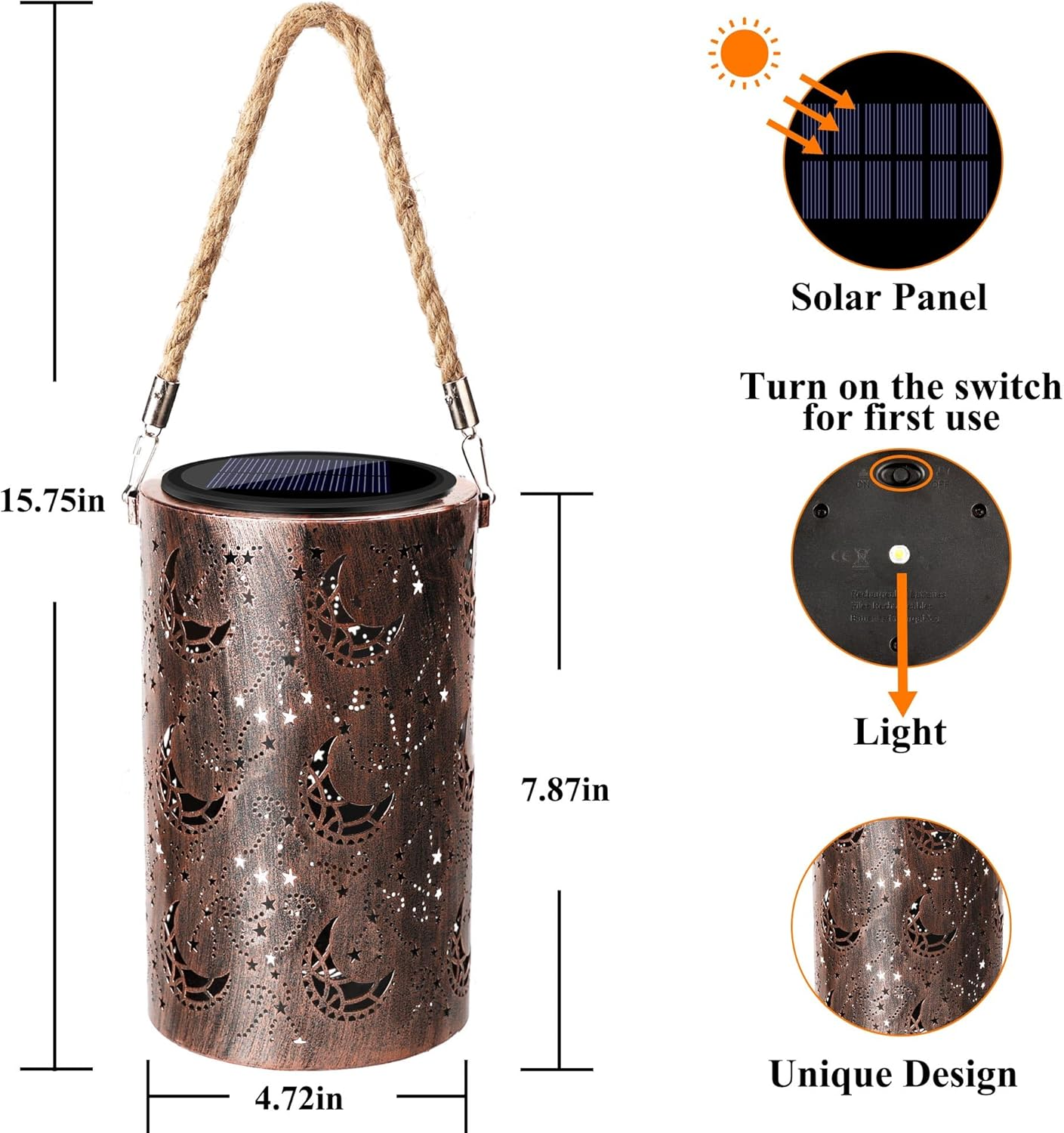 Toodour Solar Lantern Outdoor, Hanging Solar Outdoor Lights Garden Decor, Waterproof Hollow Out Retro Metal Moon Decorative Lights for Patio, Balcony, Yard, Walkway, Landscape, Outdoor Decor image number 6