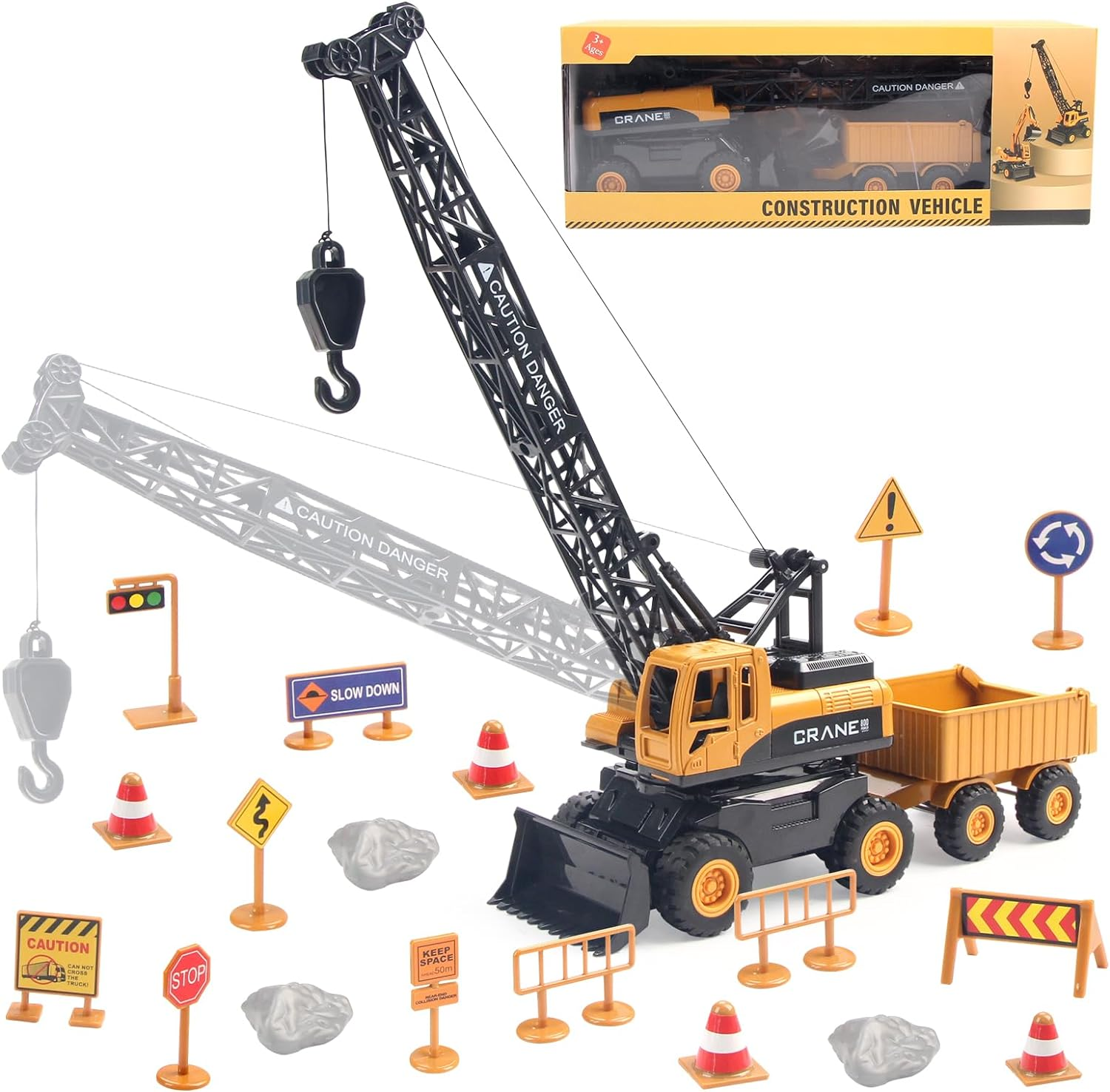 Hapavis Crane Toys Construction Truck Inertia Vehicle Engineering Car with Trailer Road Signs for Kids Boys Girls Birthday Gift