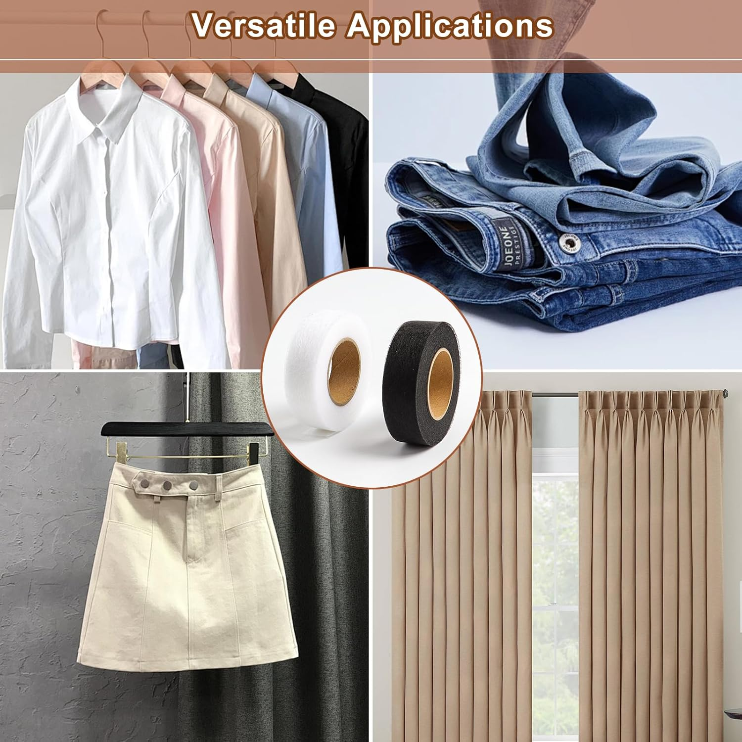 2 Rolls Iron Hemming Tape, Hemming Web, Iron on Tape for Skirts, Pillows, Jeans and Curtains,2Cm Wide * 24 Metres Long with Tape Measure(White) - 2, Black image number 7