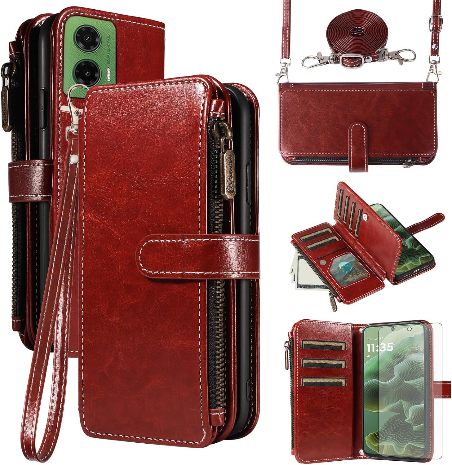 Asuwish Mobile Phone Case for Motorola Moto G35 5G Case with Strap Film Screen Protector Card Slot Foldable Leather Wallet Stand Motog35 G 35 Mobile Phone Cases Protective Zip Wallet Phone Case Brown