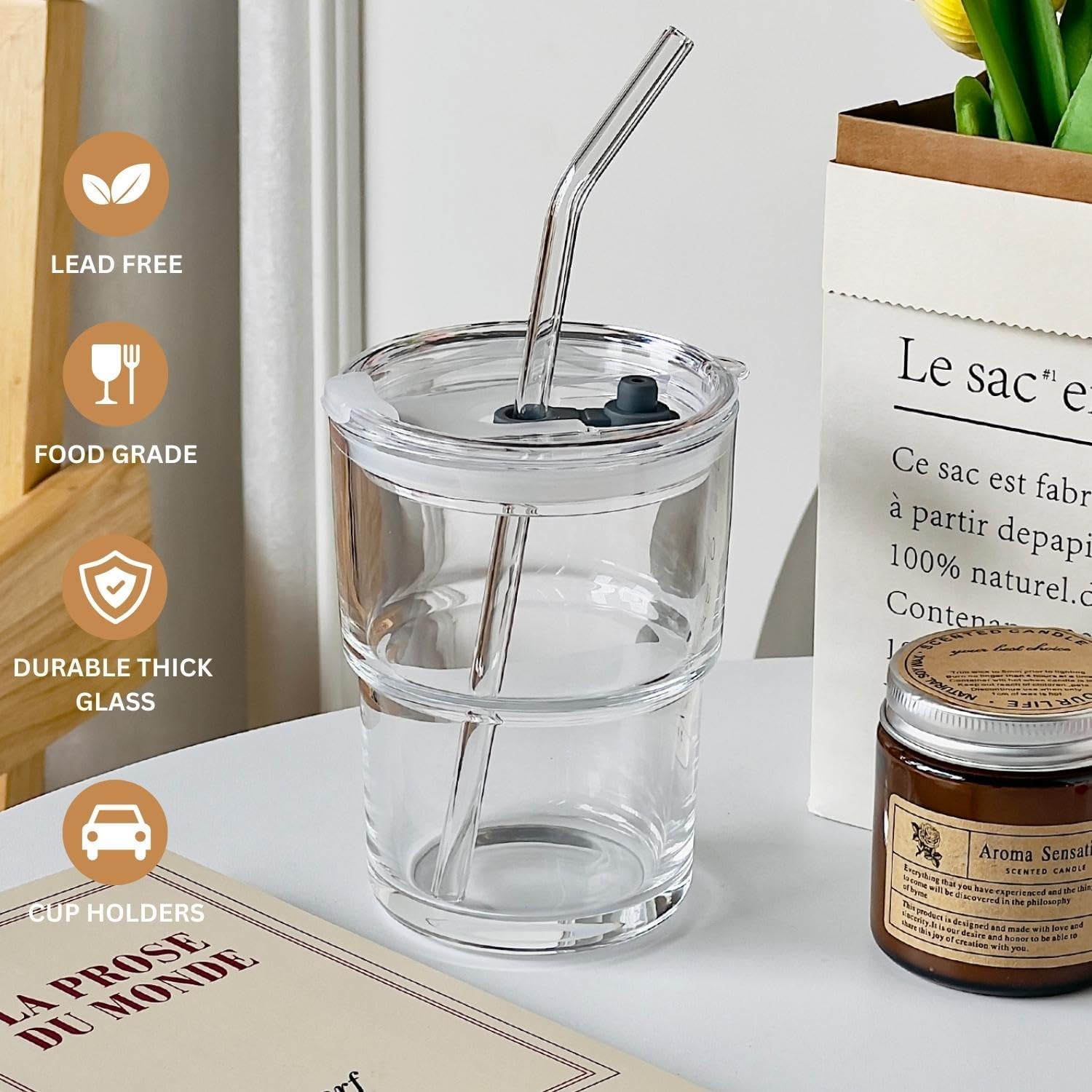 Olvini 13Oz Glass Tumbler with Glass Straw and Lid, Iced Coffee Cups Reusable, Water Cup, Coffee Tumbler, Glass Coffee Mugs, Drinking Glass Cups (Pink Flower)