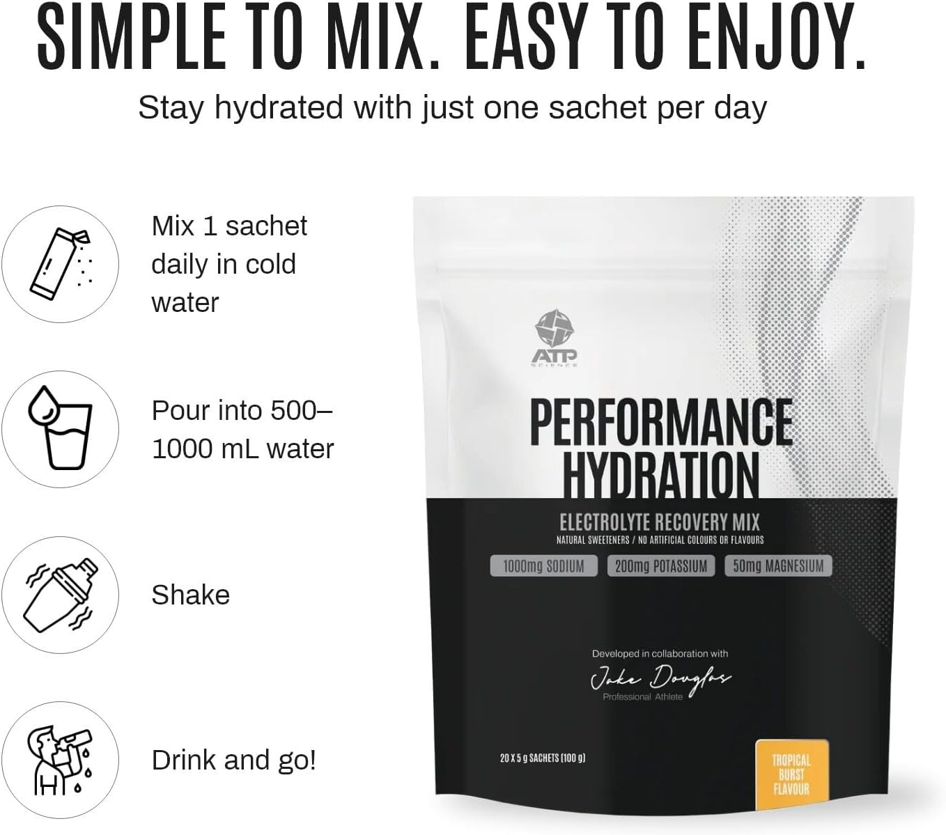 ATP Science Performance Hydration Electrolyte Recovery Mix with Herbal Ingredients, Naturally Sweetened, Low Sugar, No Artificial Colours or Flavours, Flavour - Tropical Burst, 20 X 5G Sachets