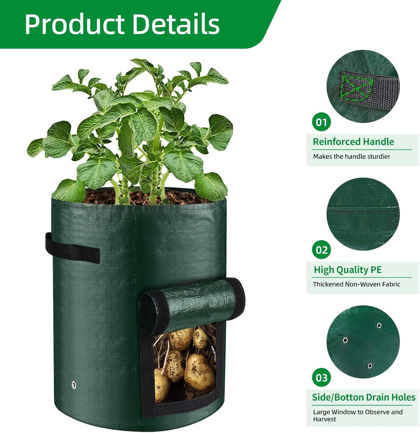 10 Gallon Potato Grow Bags 4-Pack, Thick PE Fabric Pots for Plants, Harvest Windows & Sturdy Handles, Labels Included (Green) image number 1