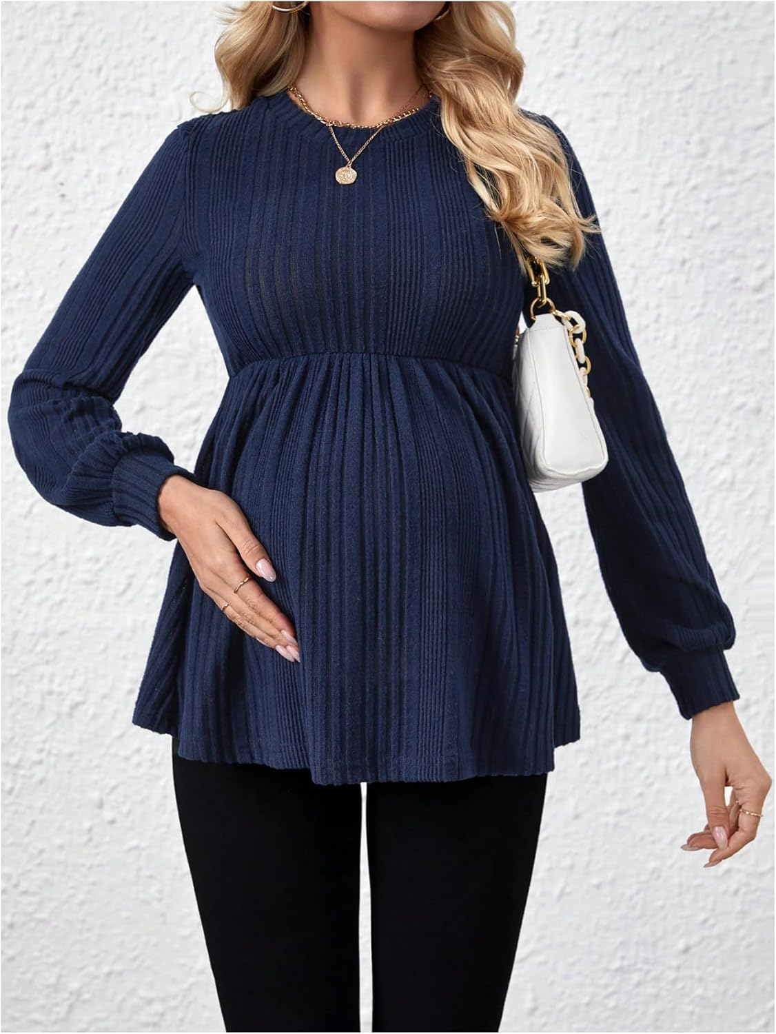 MAKEMECHIC Women'S Maternity Tee Shirt Crew Neck Rib Knitted Long Sleeve Peplum Tops image number 2