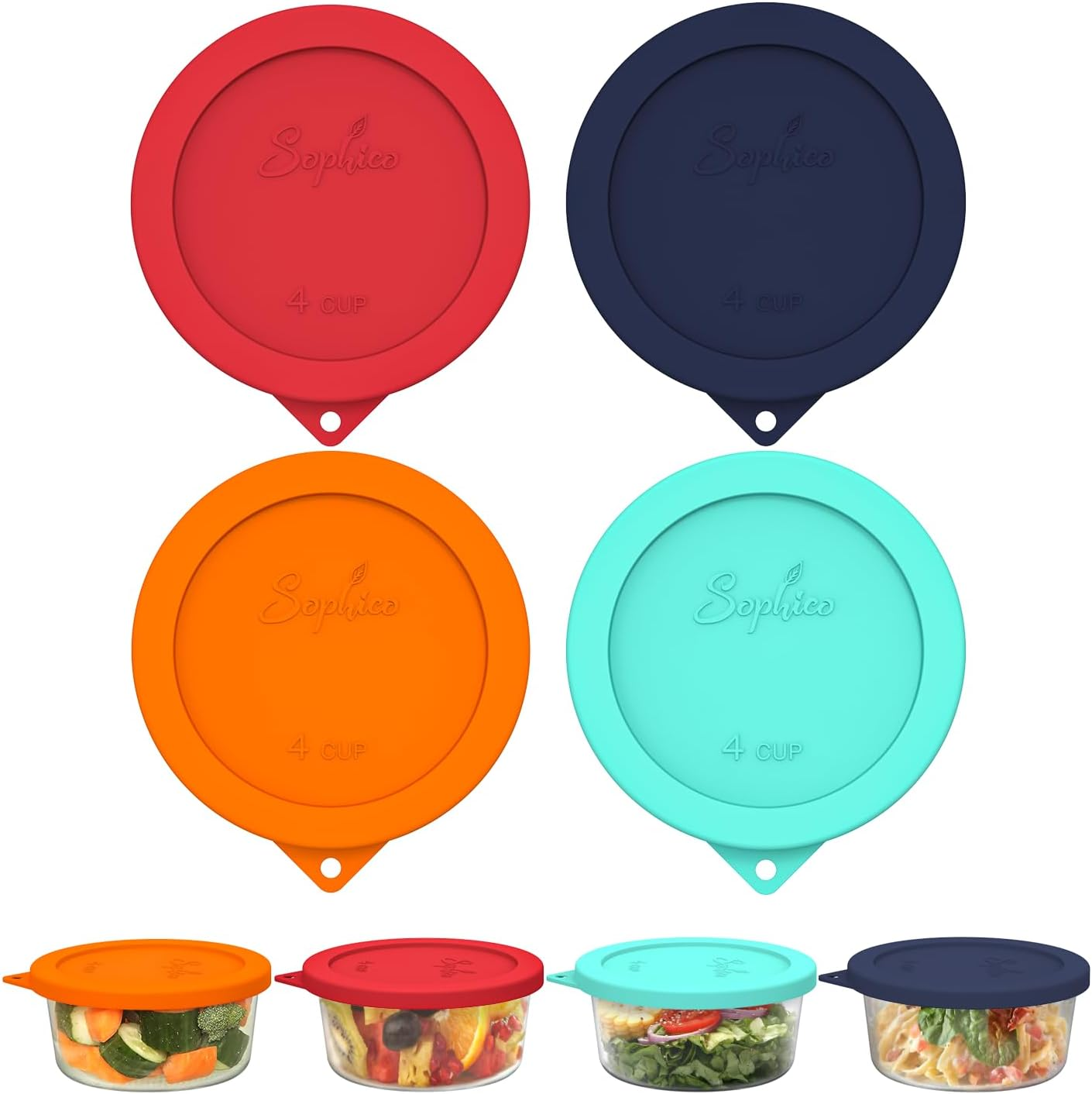 Sophico 4 Cup round Silicone Storage Cover Lids Replacement for Anchor Hocking and Pyrex 7201-PC Glass Bowls (Container Not Included) (Navy Blue-Mint) 4 Pack