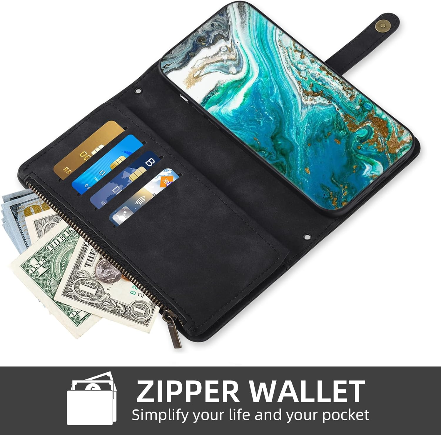 Asuwish Mobile Phone Case for Gigaset GS5 Case with Strap Film Protective Film Card Slot Foldable Leather Wallet Stand GS 5 Mobile Phone Cases Protective Zip Mobile Phone Cases Protective Glass Phone - Black image number 4