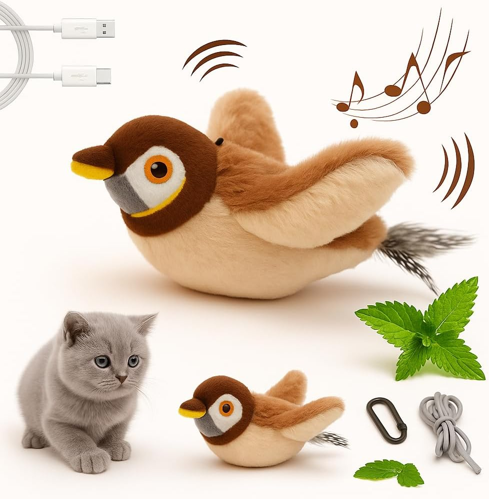 Aleena Enterprises LLC Flappy Flying Bird Cat Toy &ndash; Interactive Sparrow with Flapping & Chirping Sounds (NO Flying), Indoor Exercise Toy for Bored Cats (Sparrow Large) image number 1