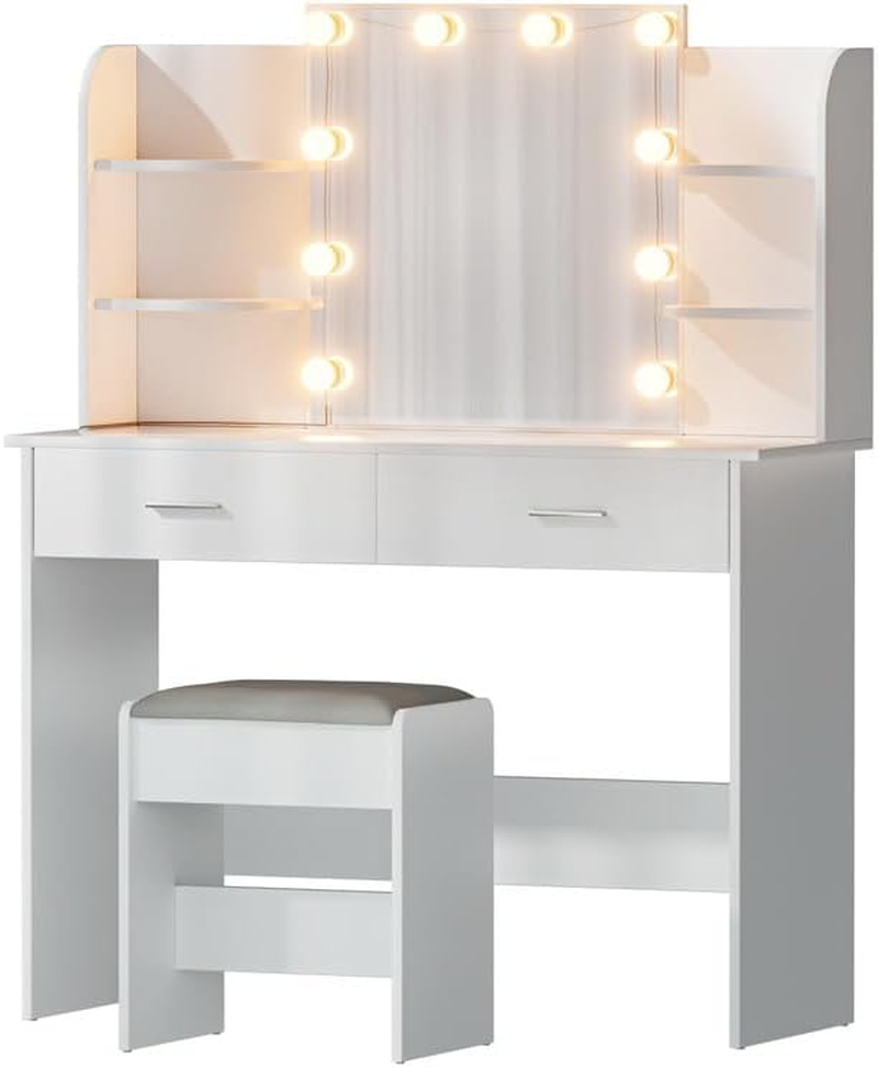 Artiss Dressing Table, Dressing Table with Mirror Lights 10 Bulbs LED Mirror Makeup Stool Set Wooden Vanity Desk Chair, Home Bedroom Furniture Girls Women Organisers, Drawers Shelves Tabletop White image number 4