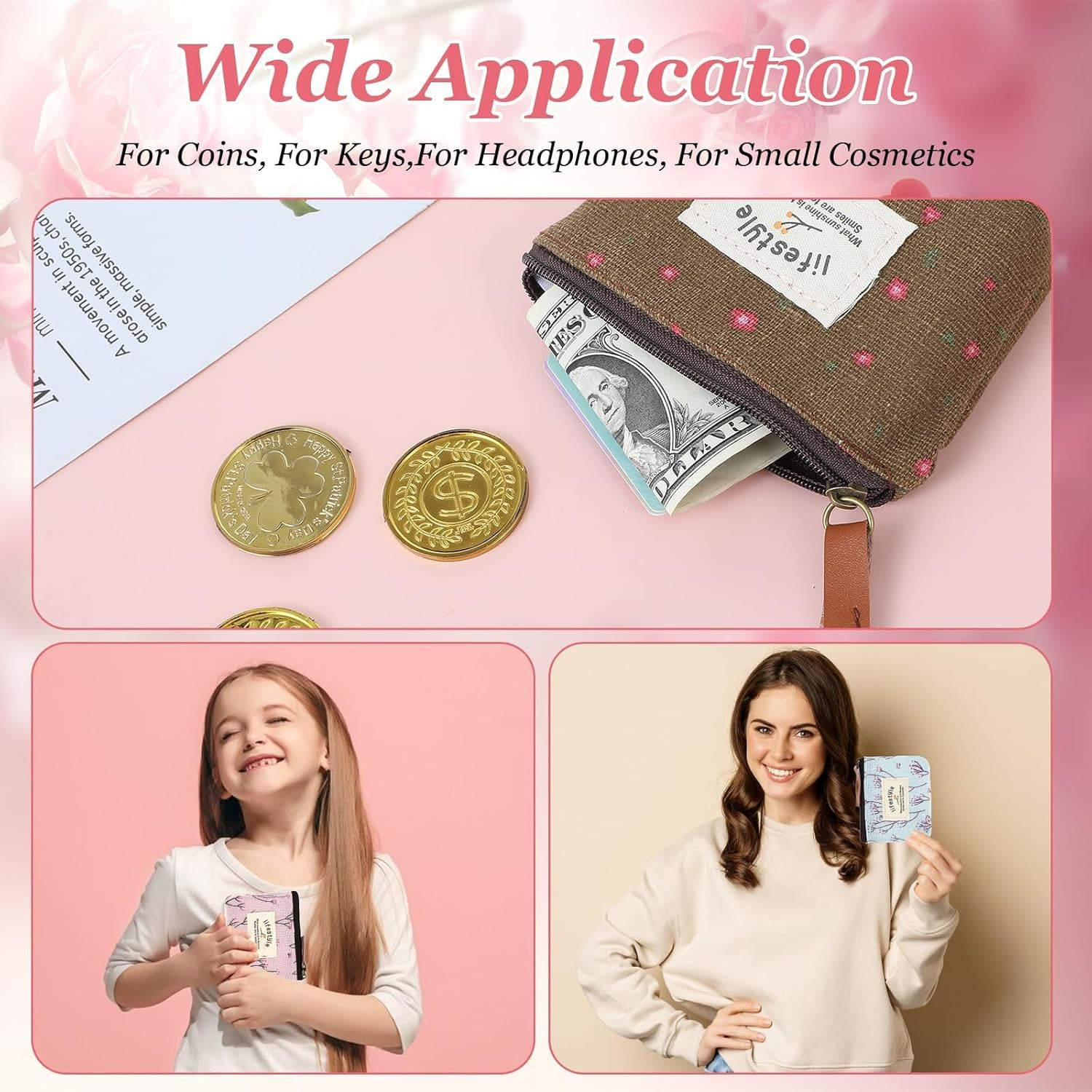 4 Pack Mini Linen Floral Small Makeup Bag, Mini Makeup Bag with Zip, M-Ini Canvas Coin Purse, Portable Toiletry Organizer, Wallet for Storing Coin, Credit Card, ID Card image number 4