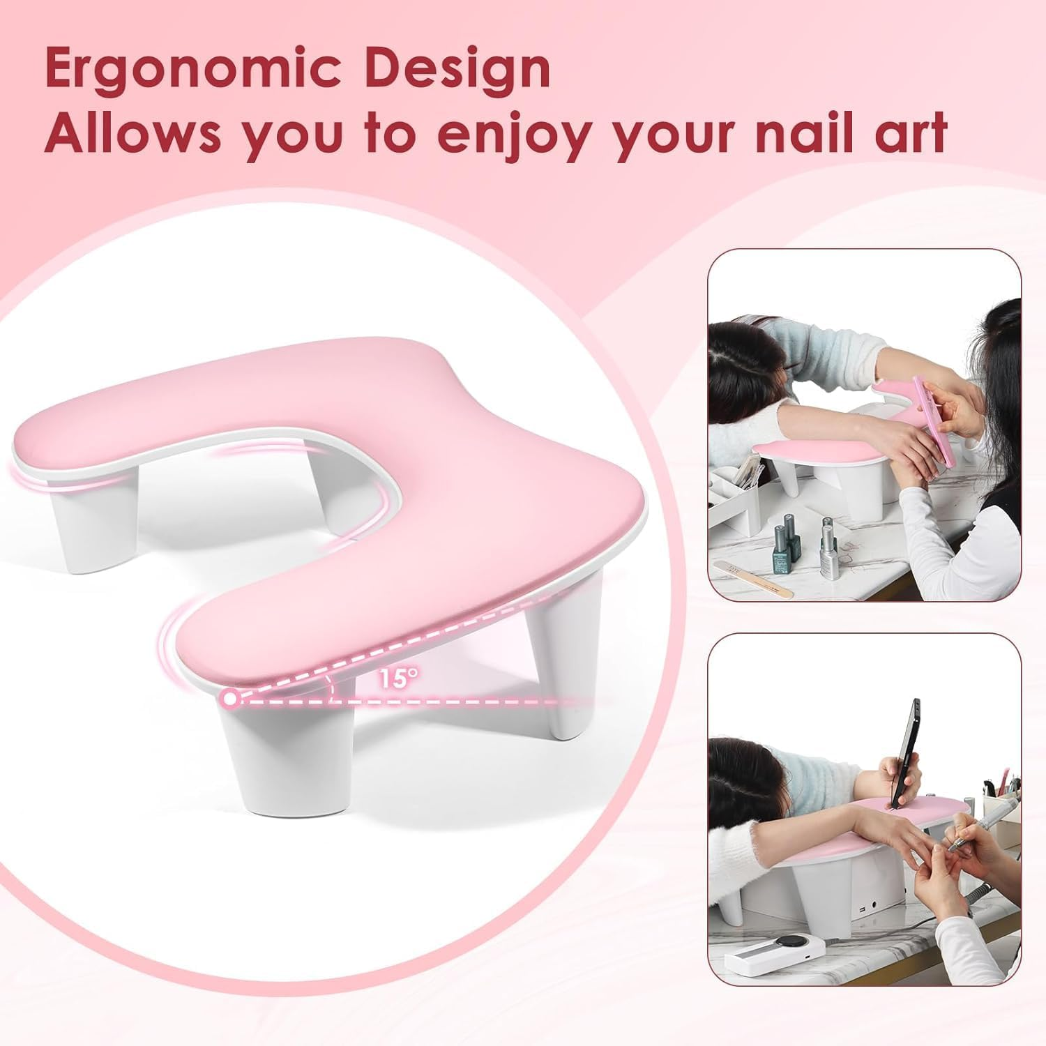 LIONVISON Arm Rest for Nails Tech - U-Shaped Manicure Nail Hand Rest Pillow Cushion, Big Microfiber Leather Nail Arm Rest Stand for Acrylic Nail Art Tech (Pink) image number 6