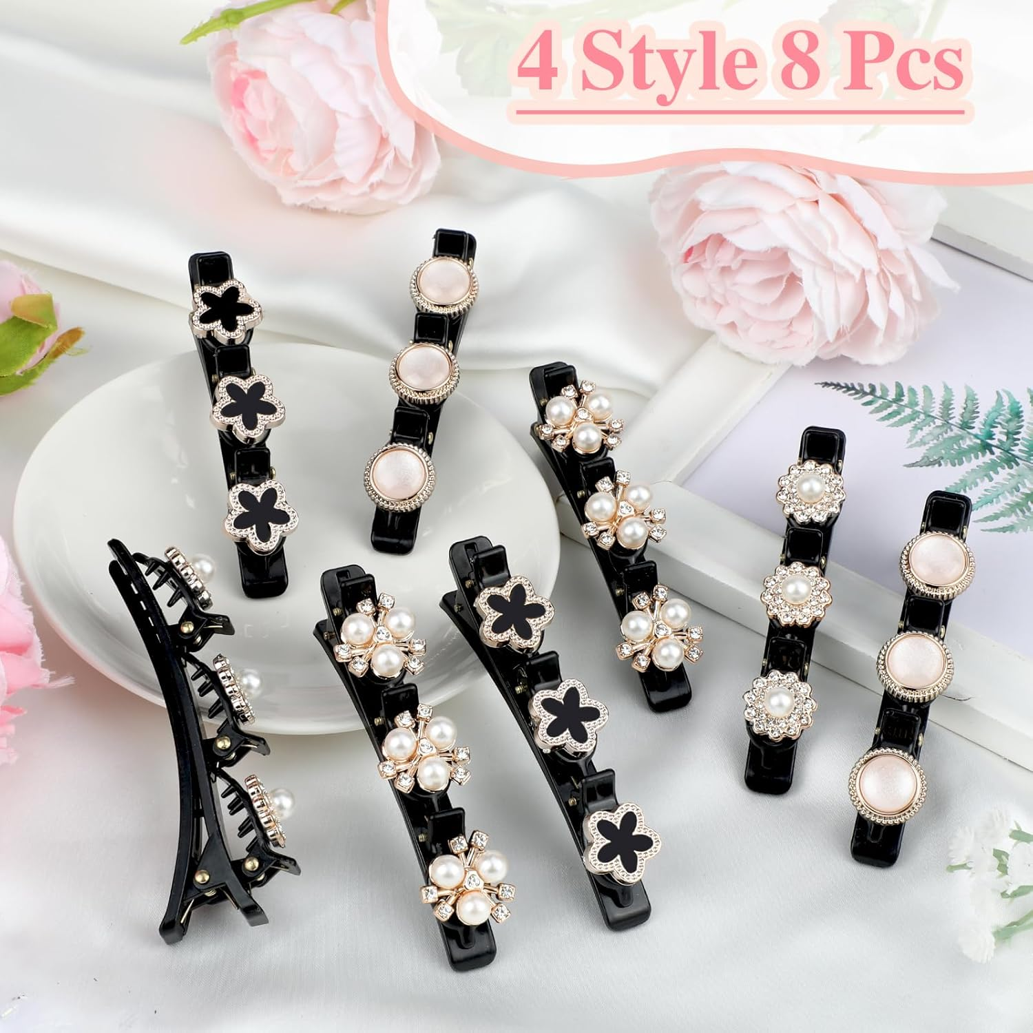 JSRQT 8Pcs Elegant Pearl Braided Hair Clips, French Duckbill Hairpin for Women Girls, Double Layer Design Bangs Clip Hair Slides with 3 Mini Hairpins, Fashion Barrettes Accessories, 4 Styles image number 3