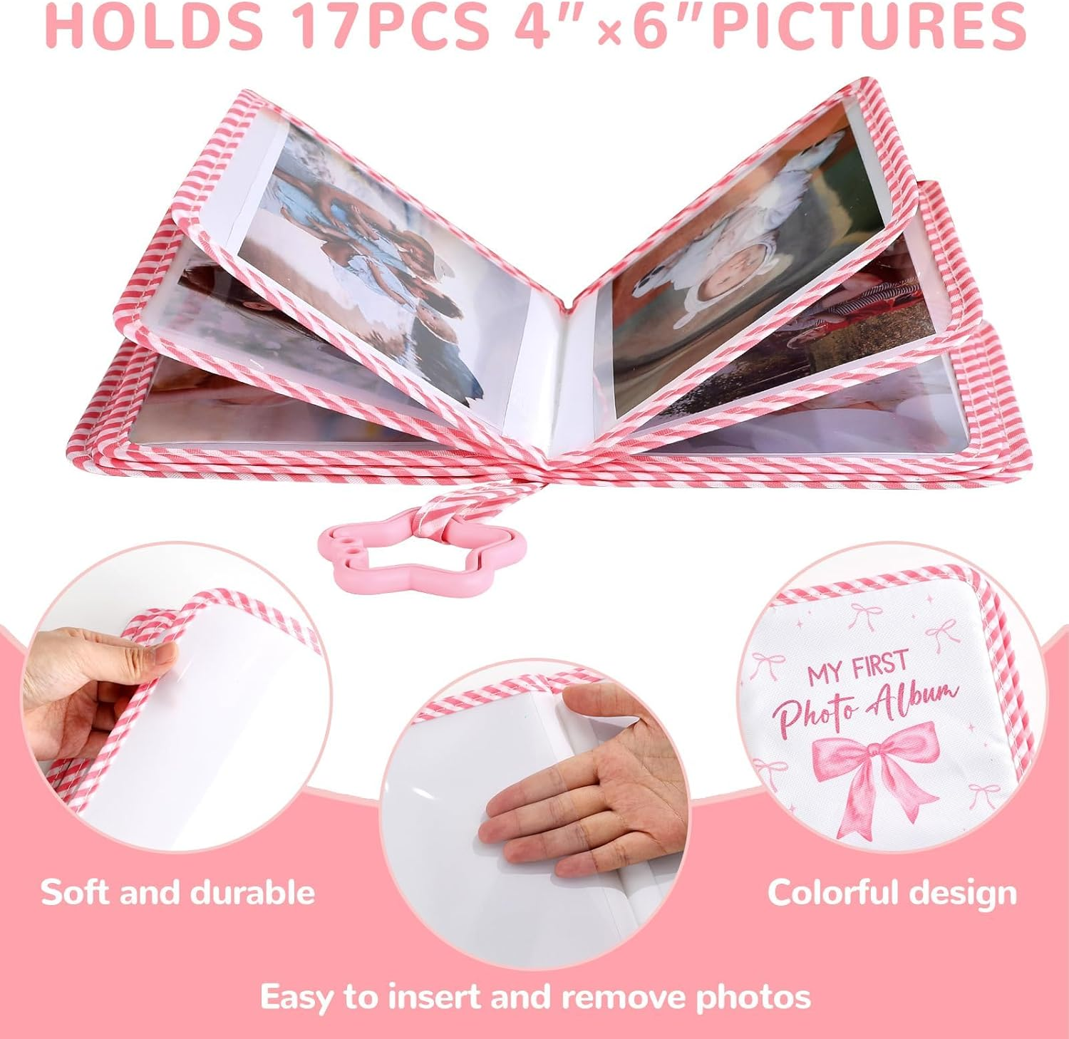 ZOIIWA Baby'S My First Family Album Soft Photo Cloth Book Pink Bow My First Book of Photos Coquette Bow Baby Memory Album Gift Holds 4X6 Pictures for Babies Newborn Toddler & Kids Baby Shower image number 4