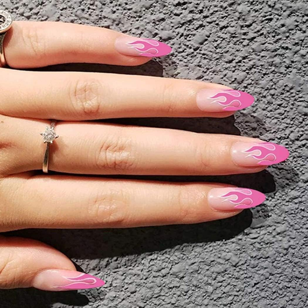 24 Pcs False Nails Flame Pattern Artificial Long Head Nail Artificial Full Cover for Women and Girls image number 2