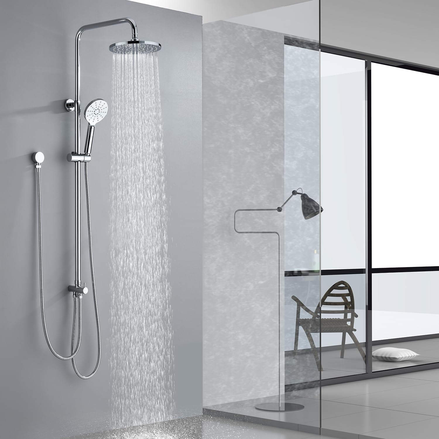 Decaura WELS Twin Hose Shower System 9" Rain Shower Head Set Sliding Rail 3-Mode Handheld Shower Head 2 in 1 Set (Round Head Chrome) - Round Head Chrome image number 5