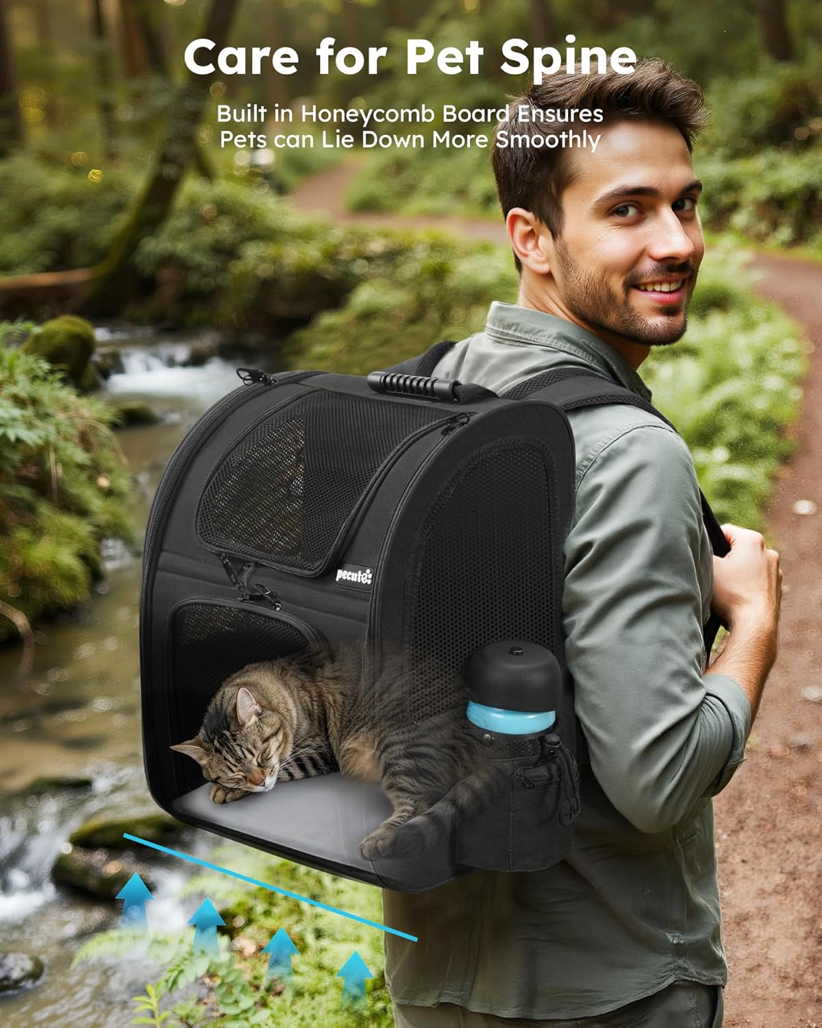 Pecute Cat Backpack with Breathable Mesh, Dog Backpack Carrier with Multi-Pockets, Cat Carrier Backpack Comfortable, Cat Backpack Carrier for Travel Hiking and Camping Black