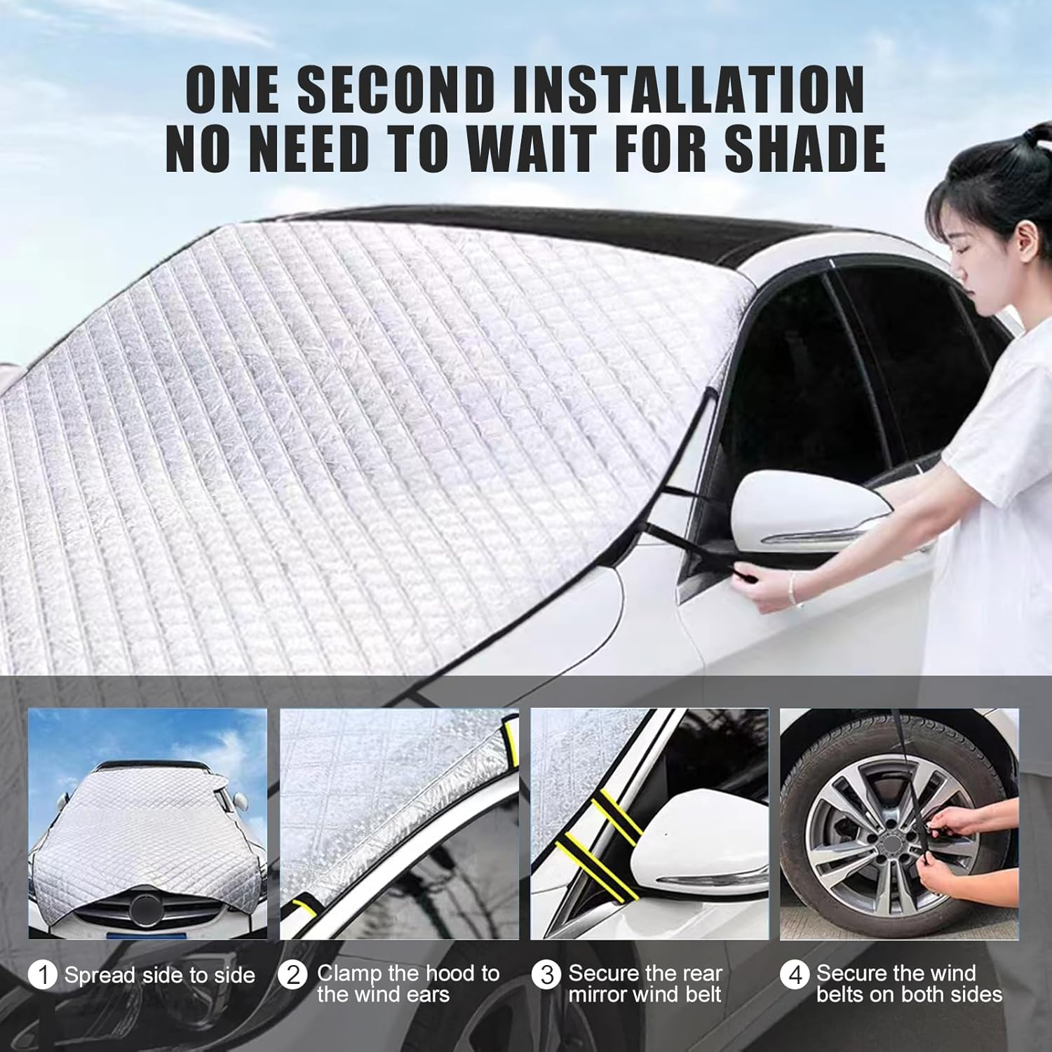 1 PC Car Half Car Cover Sunshade, Windshield Hood All-Season Protection Waterproof Dustproof Frostproof Portable Car Cloth, Outdoor Indoor Foldable Protective Cover, Universal for Cars (Silver) - Silver 03 image number 2