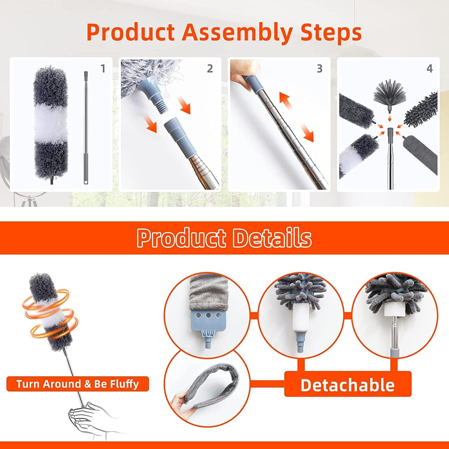 HOXHA 7 Pcs Feather Duster Set with 4 Brush Head 2.5 Meters' Extra Long Extension Pole, Bendable Extendable Duster for Cleaning High Ceiling, Ceiling Fan, Blinds, Cobwebs, Furniture, Cars image number 6