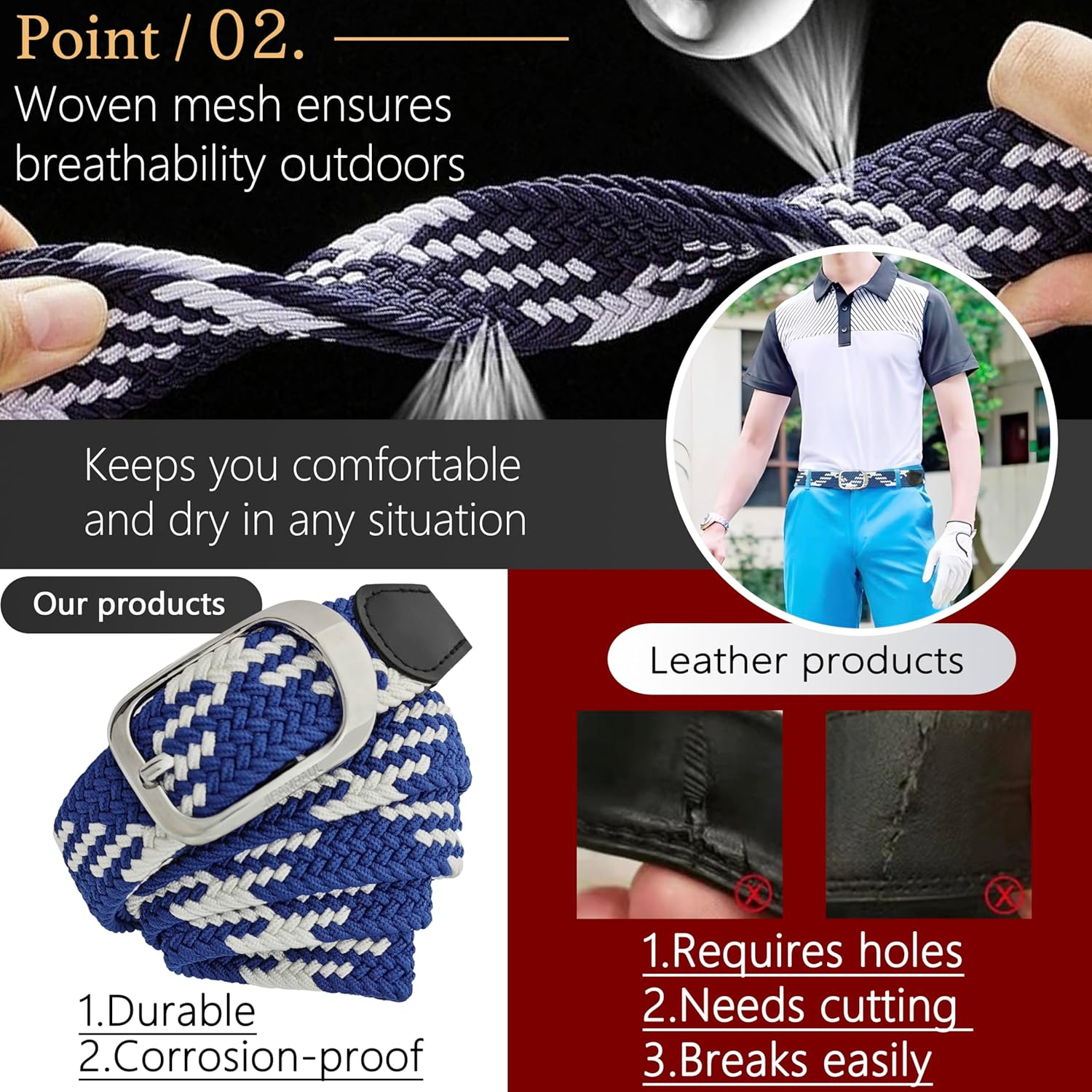 JIFANPAUL Men'S Mesh Belt, Large Size, Braided, No Holes, Elastic Belt, Stretchable, Golf, Casual, Business, Gentleman, Student Clothing, One Size Fits Most, Stretch, Blackd-Black Buckle, M [全長：約125Cm image number 4