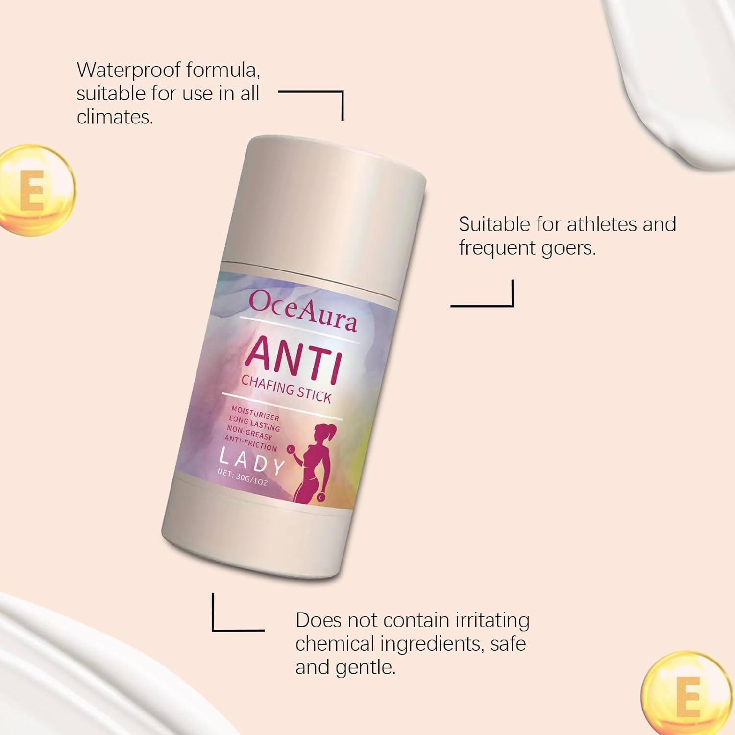 Anti-Chafing Moisturising Stick, Long-Lasting, Non-Greasy, Vitamin E Enriched, 30G image number 3