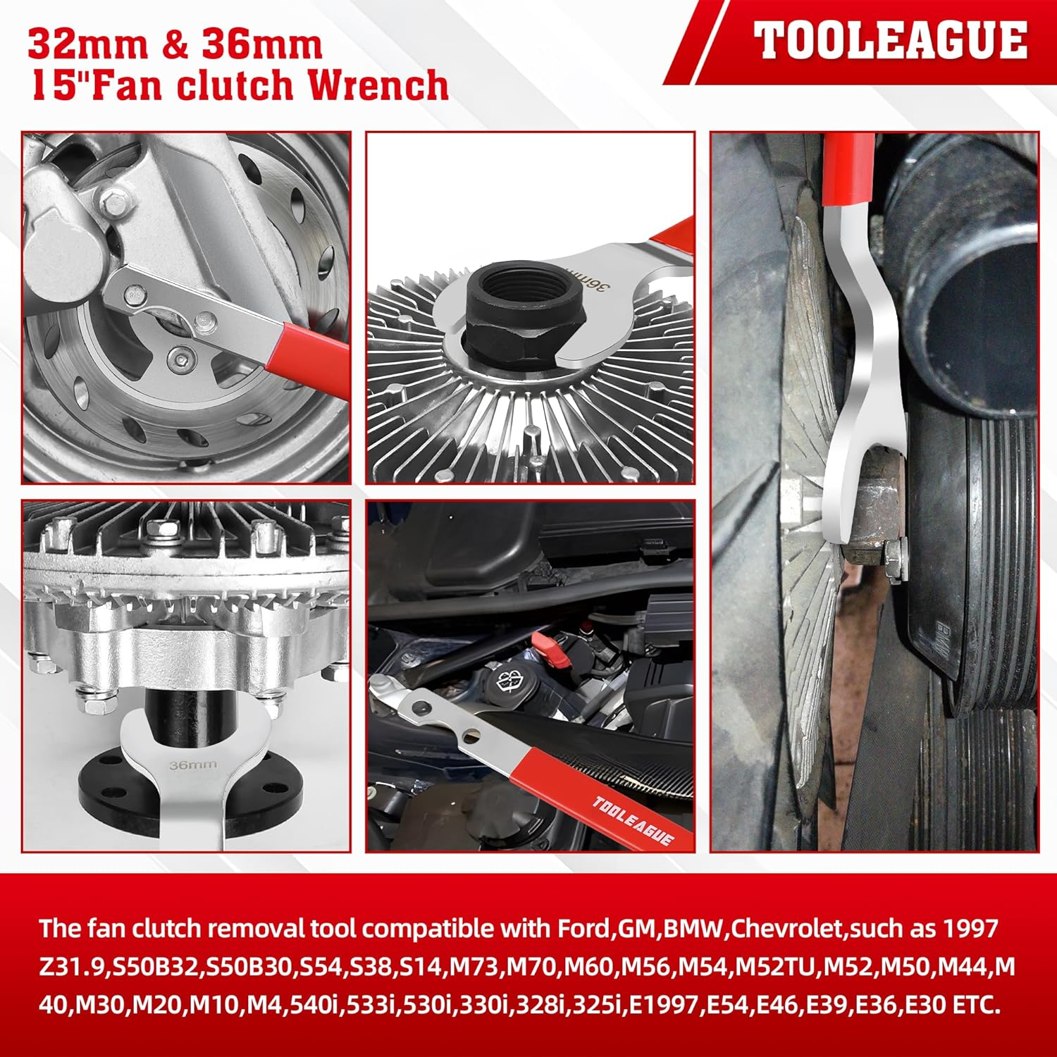 TOOLEAGUE 2Pcs Fan Clutch Wrench Set,32Mm & 36Mm Wrenches,Fan Clutch Removal Tool Kit,Compatible with Bmw,Ford,Gm,Chevrolet Water Pump Pulley Holder and Nut Water Hub Removal image number 4