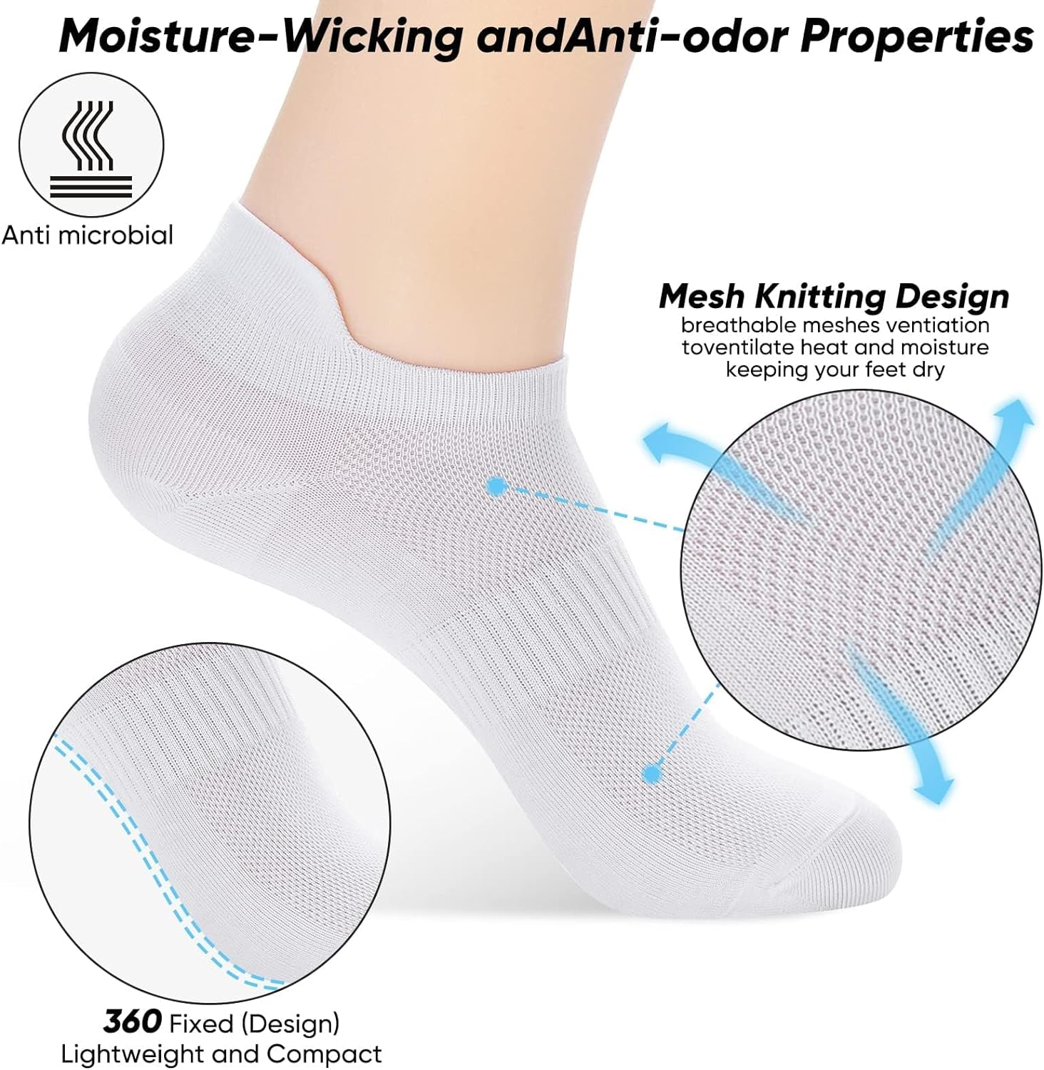 Socks Women, Women'S Athletic Ankle Sock Set Durable White Soft Breathable No Show Tab Socks Black for US Size 6-9 image number 2