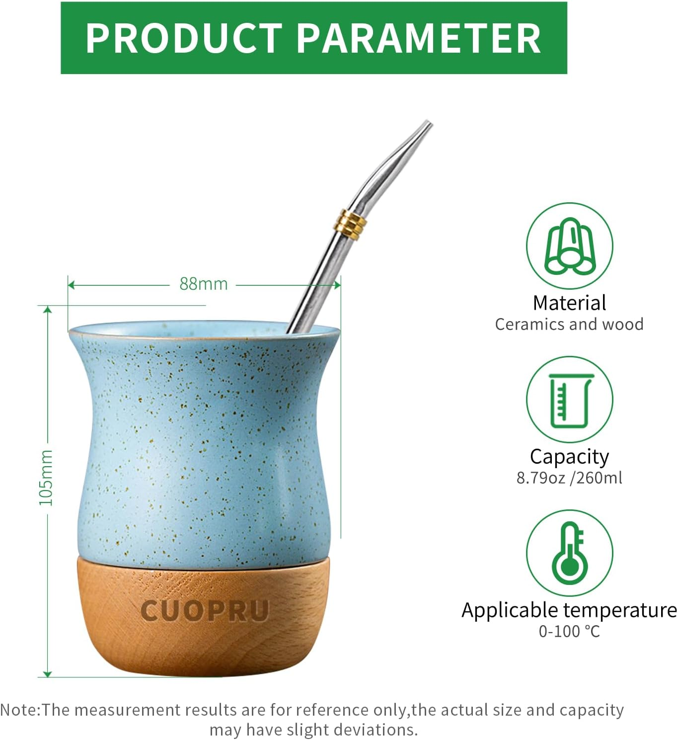 8 OZ Ceramic Yerba Mate Cup with Original Wood Base, Includes Mate Gourd, Bombilla Straw and Cleaning Brush - Perfect for Traditional Yerba Mate and Modern Style Drinking Mug (Blue) - Black image number 2