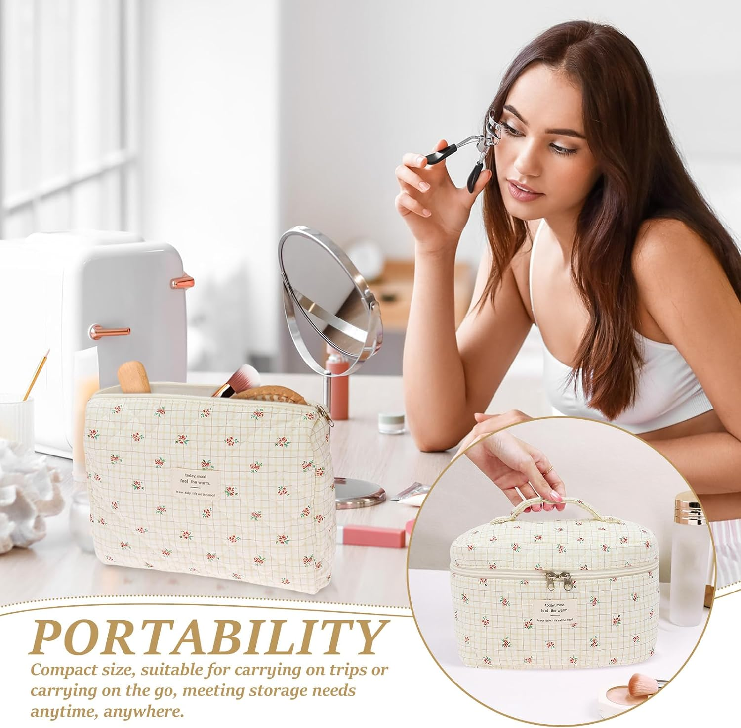 Rdjeokf 3 Pcs Makeup Bag, Large Portable Cotton Toiletry Pouch Tote, Cute Aesthetic Travel Cosmetic Bag, Cosmetic Organizer, Makeup Pouch for Women Girls, Ideal Mothers Day Gift (Style 1) image number 2