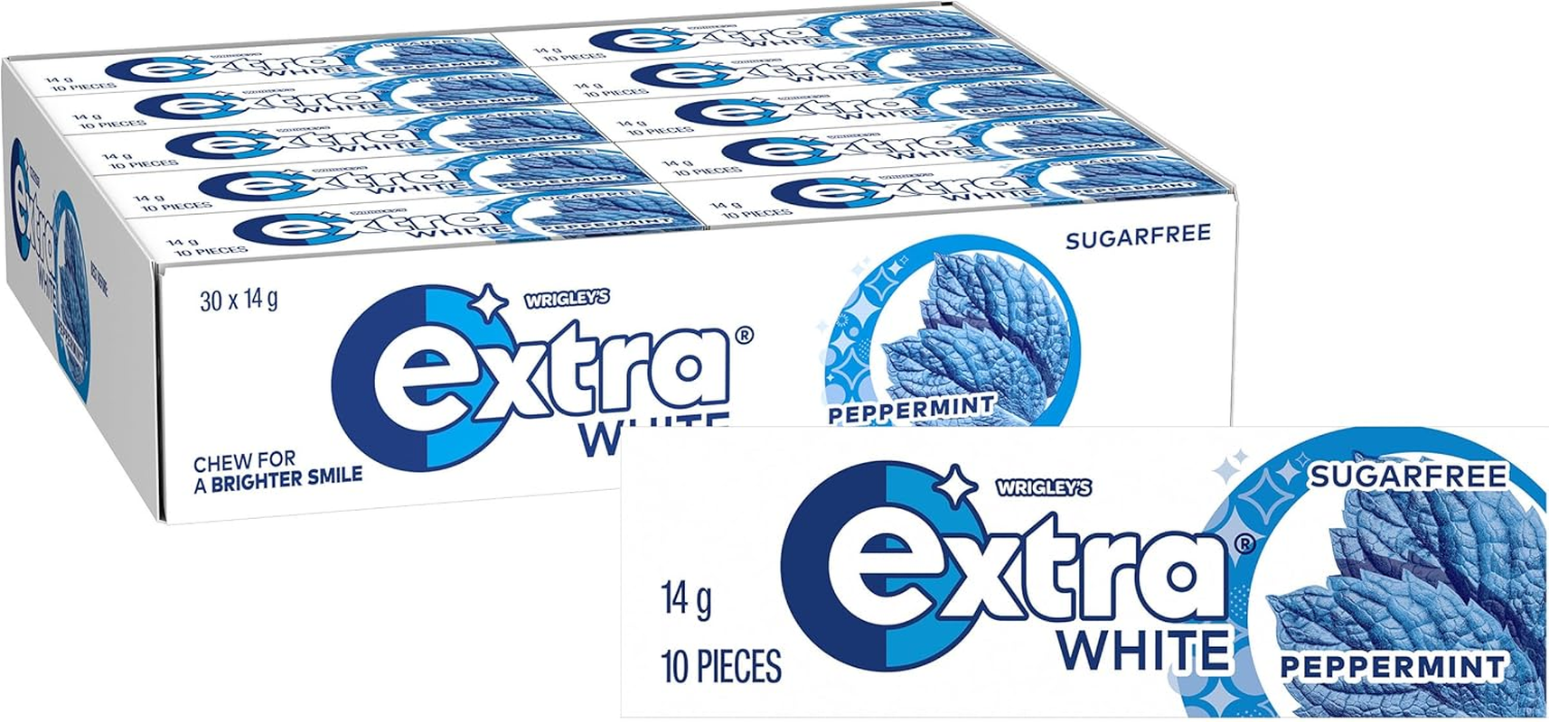 Extra White Peppermint Flavour Chewing Gum, 30 X 14G Packs