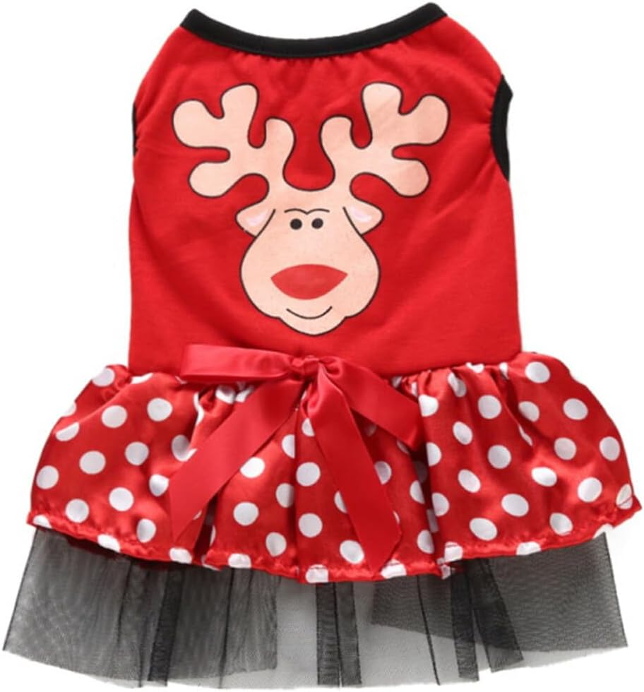 POPETPOP Reindeer Face Puppy Dog Dress Christmas Dog Costume Red Xmas Tutu Skirt for Pet Dogs (Size XL) image number 1