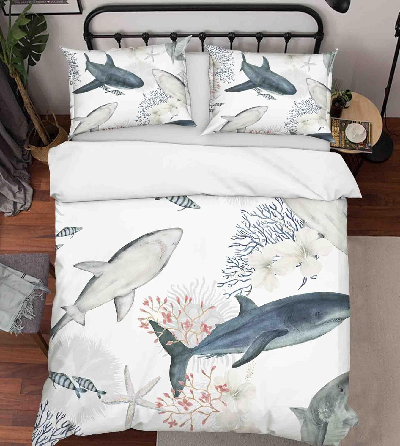 3D Shark Coral Floral Quilt Cover Set Bedding Set with Pillowcases, Single/Double/Queen/King Size (King)
