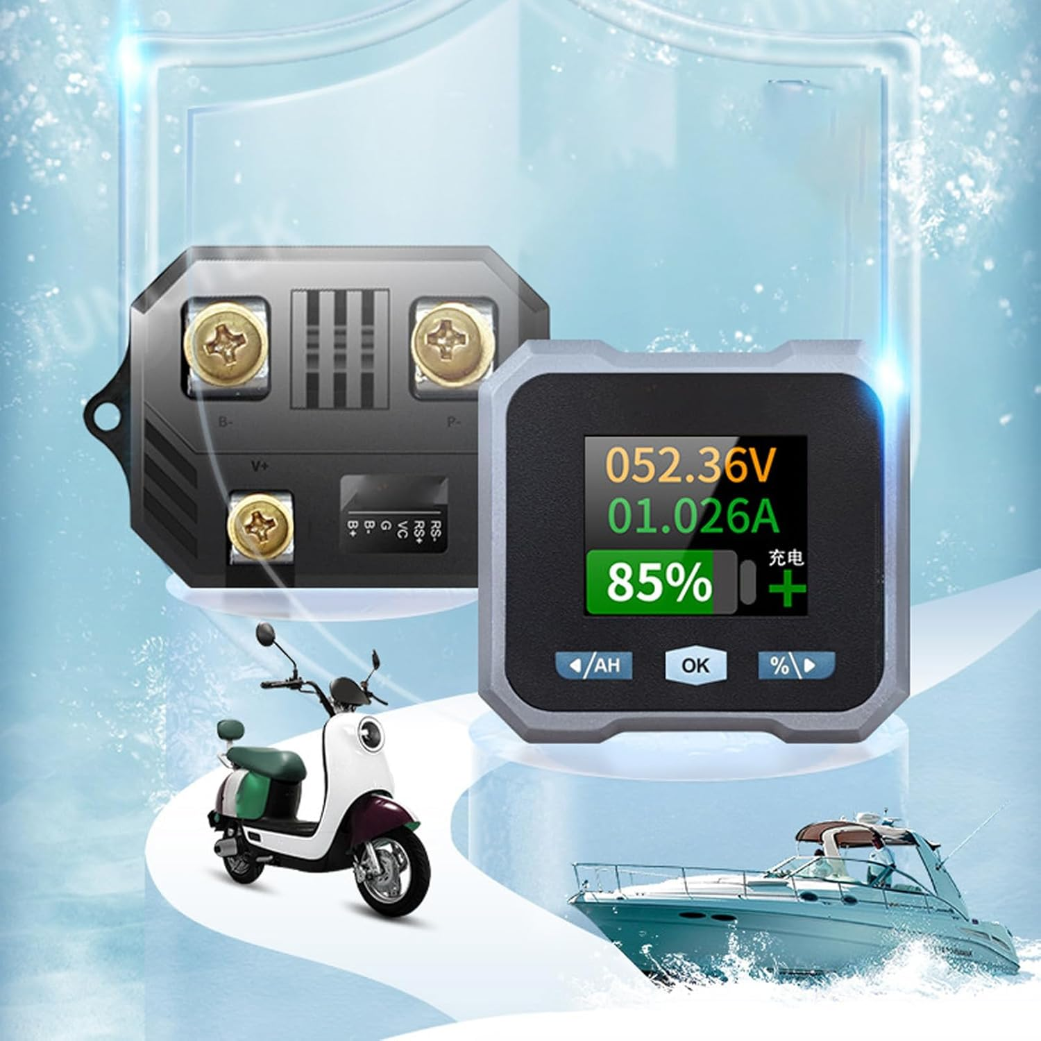 Battery Monitor with Shunt, 50A 10V-100V Capacity Percentage Time Power Voltmeter Display, LCD Backlight Screen for RV Motorcycle Cart Solar Panel image number 6