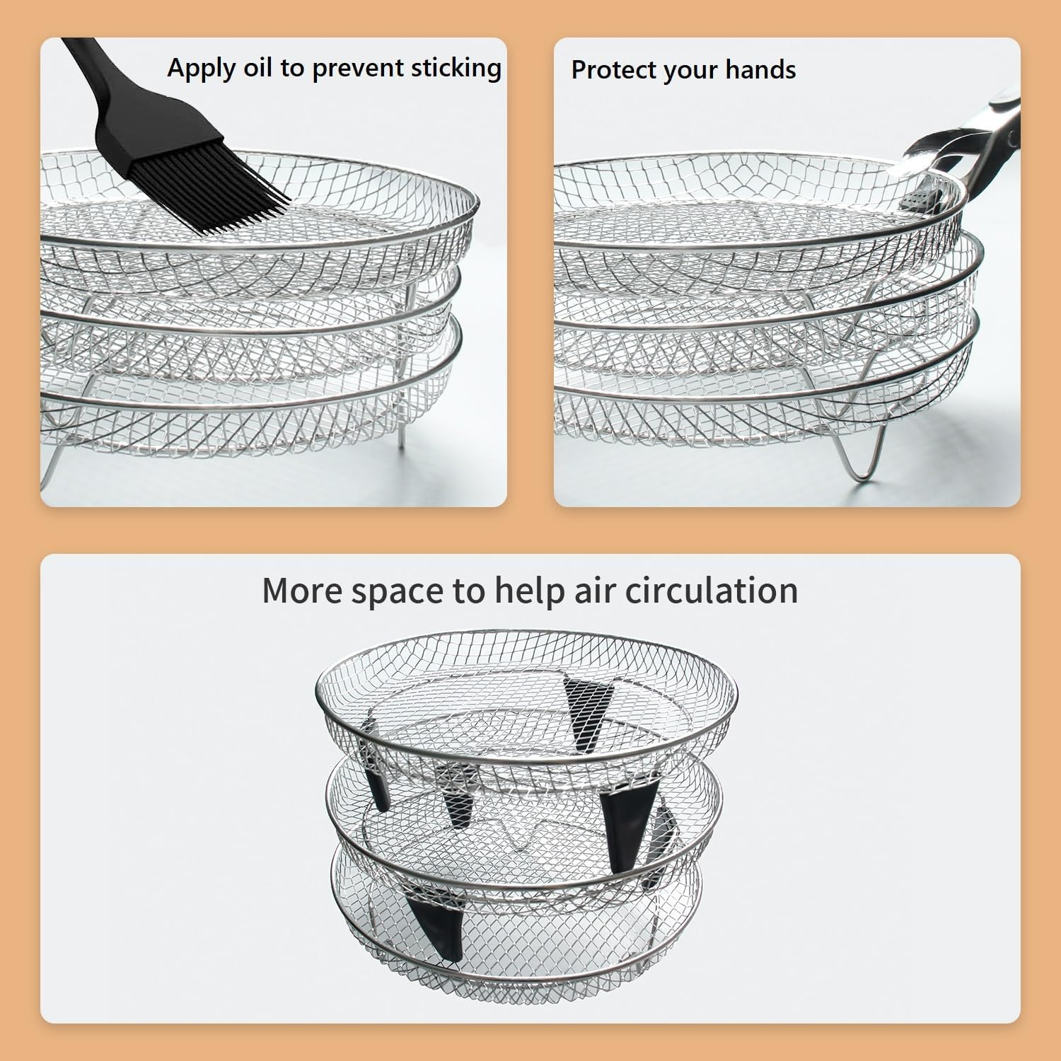 Air Fryer Accessories, 3-Layer Stackable Air Fryer Tray, 7.8X7.8 Inch round Rack, Stainless Steel, Space-Saving, Dishwasher Safe, for Ninja, Cosori, Gowise, Oven with Clip & Silicone Feet image number 5