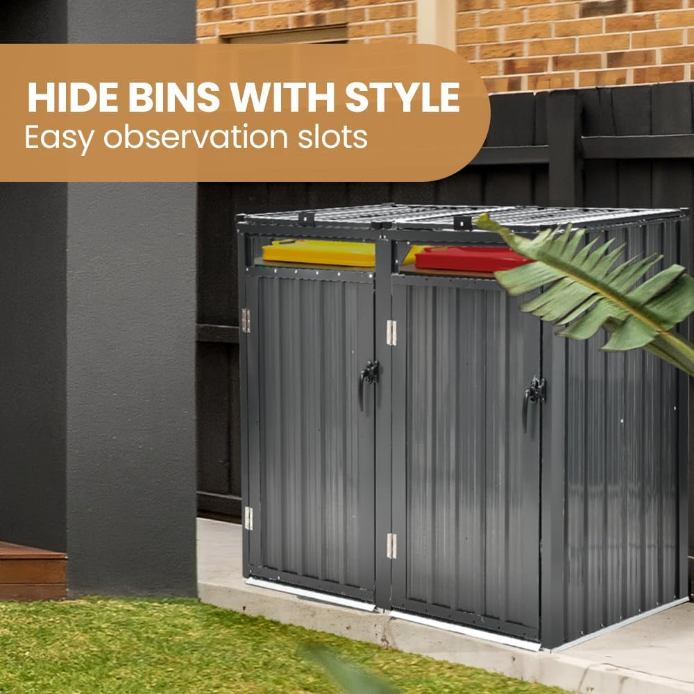 Double Steel Wheelie Garbage Bin Storage Shed, Enclosure with 2 Opening Doors