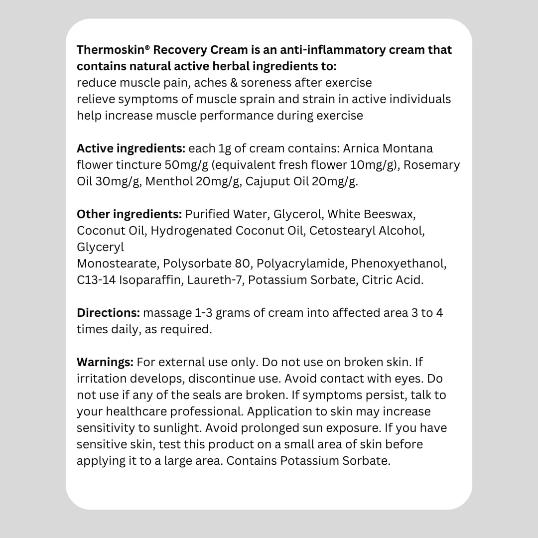 Thermoskin Recovery Cream 100 G &ndash; Muscle & Joint Recovery Cream for Sore Muscles, Sports Injury & Overuse &ndash; Helps Relieve Aches, Stiffness & Fatigue, Supports Faster Recovery & Mobility, Non-Greasy, Fast-Absorbing Topical Cream